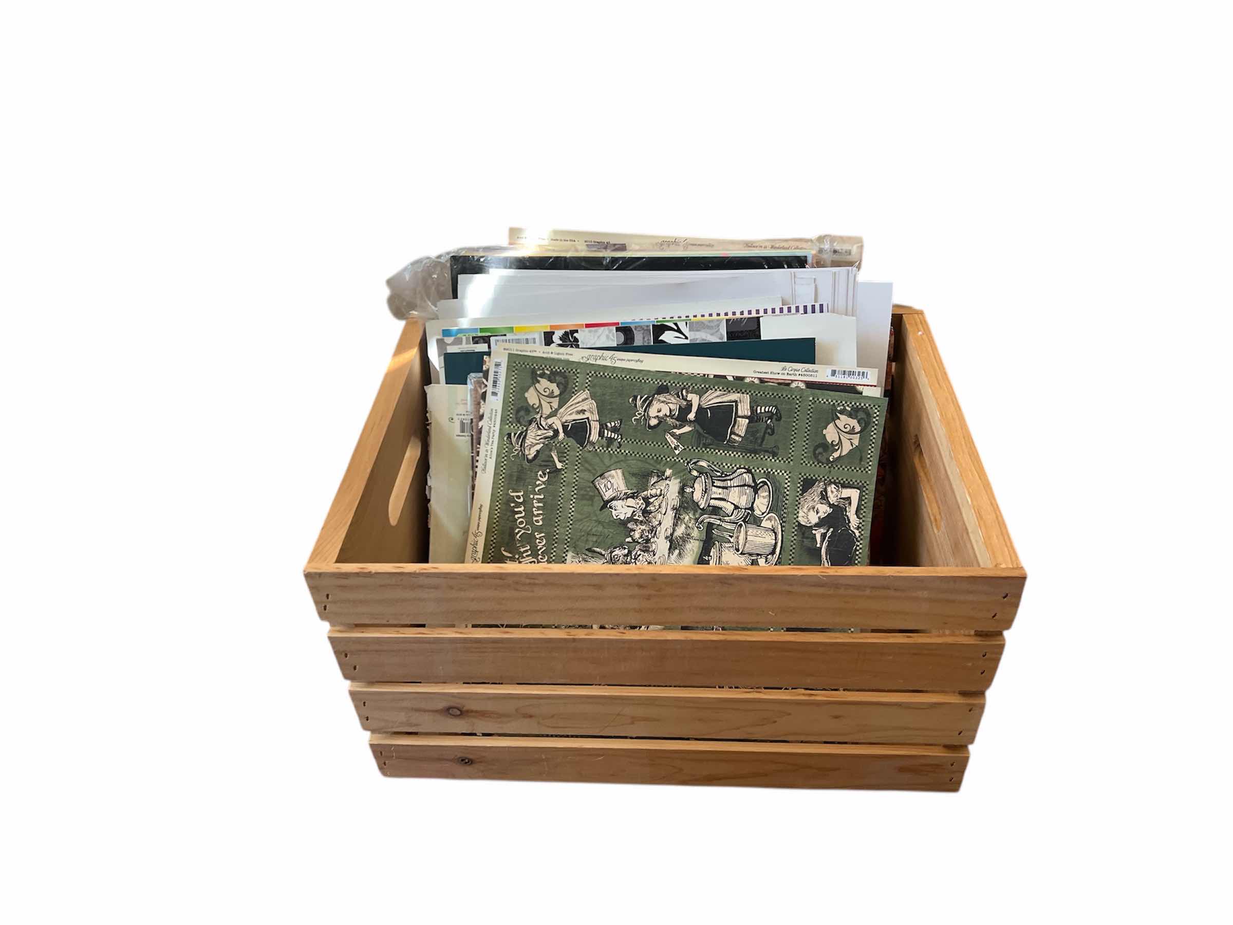 Photo 1 of WOODEN CRATE AND CONTENTS: SCRAPBOOKING PAPER, STATIONARY AND MORE