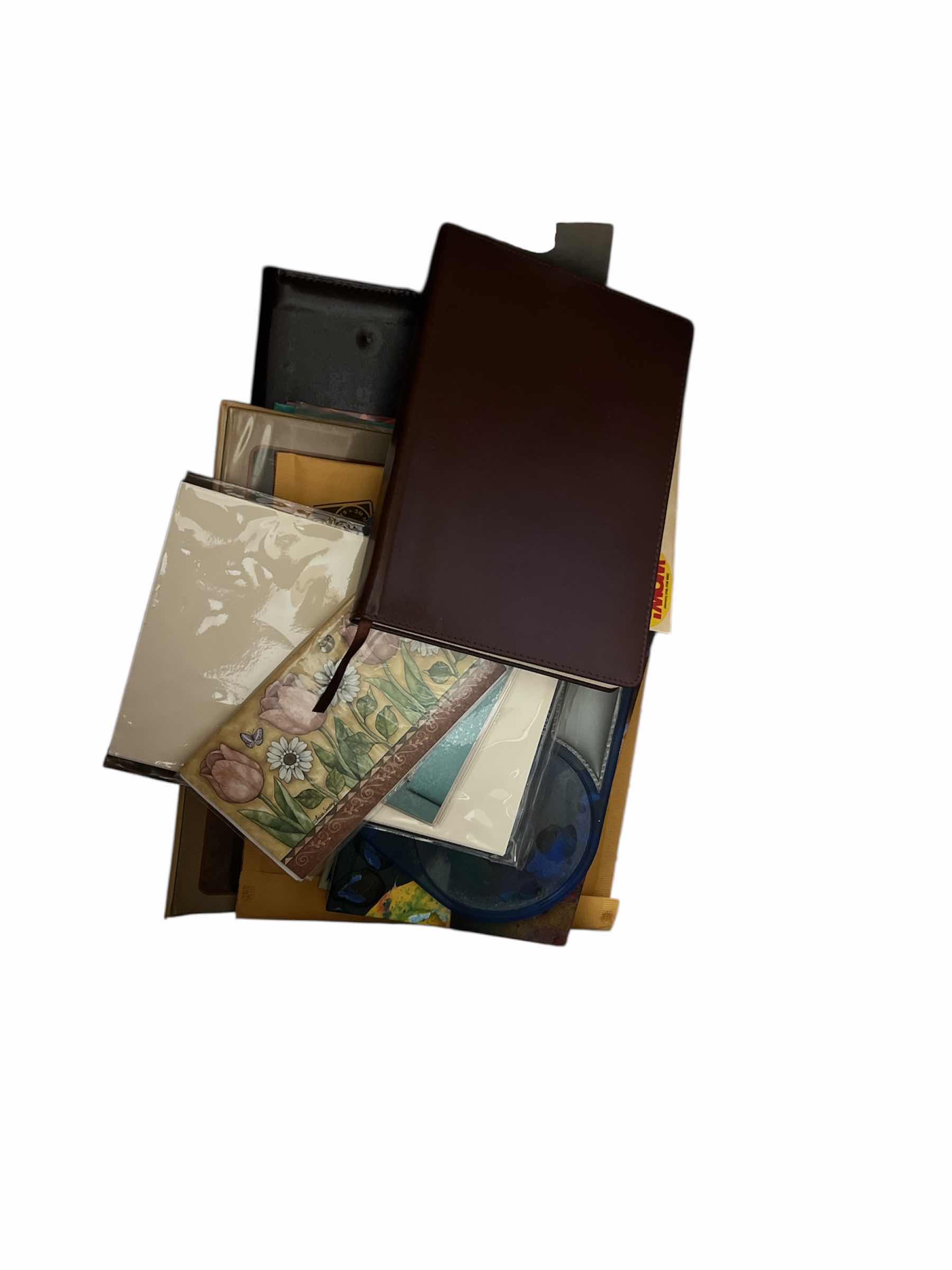 Photo 1 of BOX OF OFFICE SUPPLIES: STATIONARY, NOTE BOOKS, MARKERS AND MORE