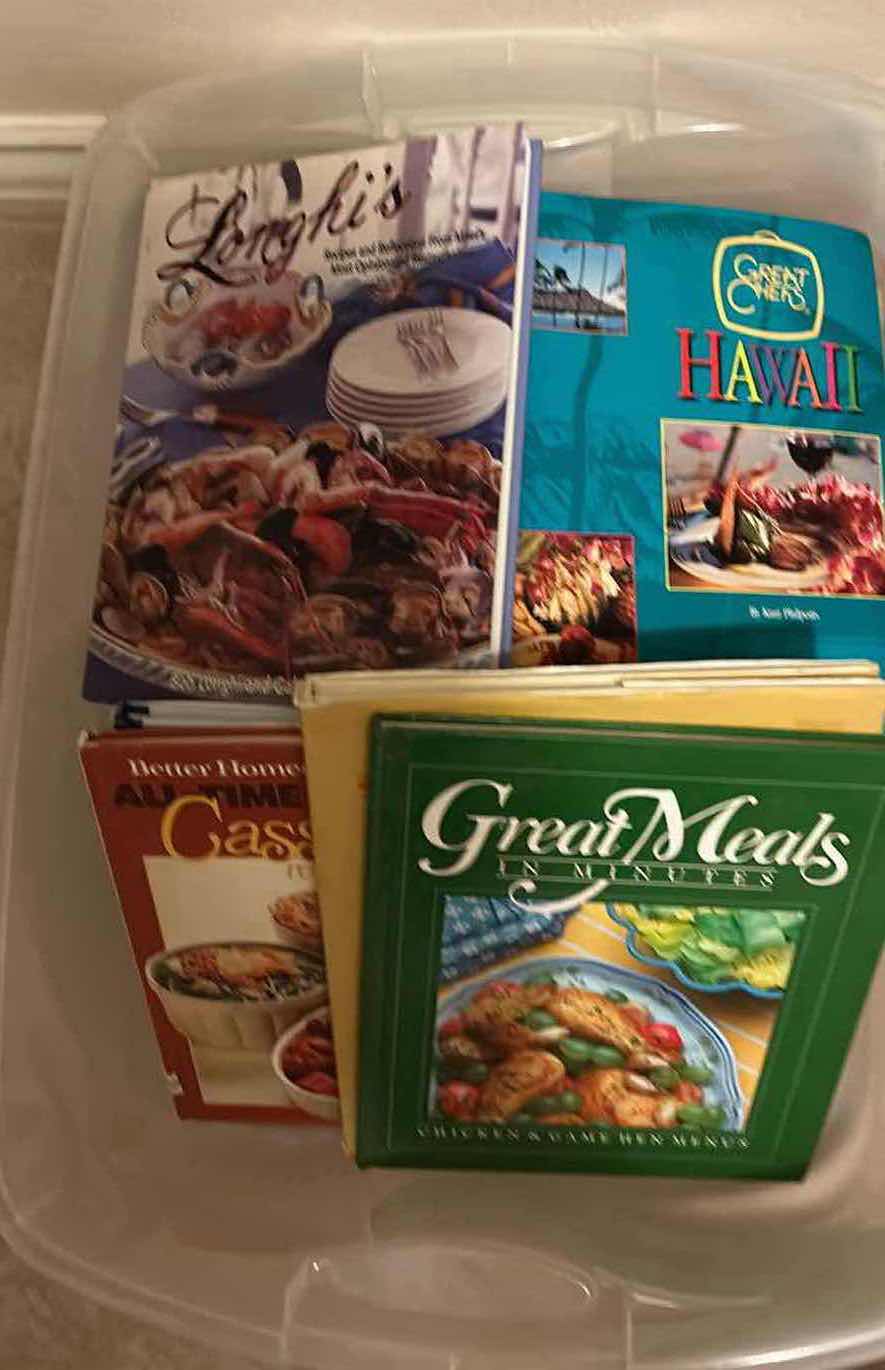 Photo 1 of 2- CONTAINERS OF ASSORTED COOKBOOKS