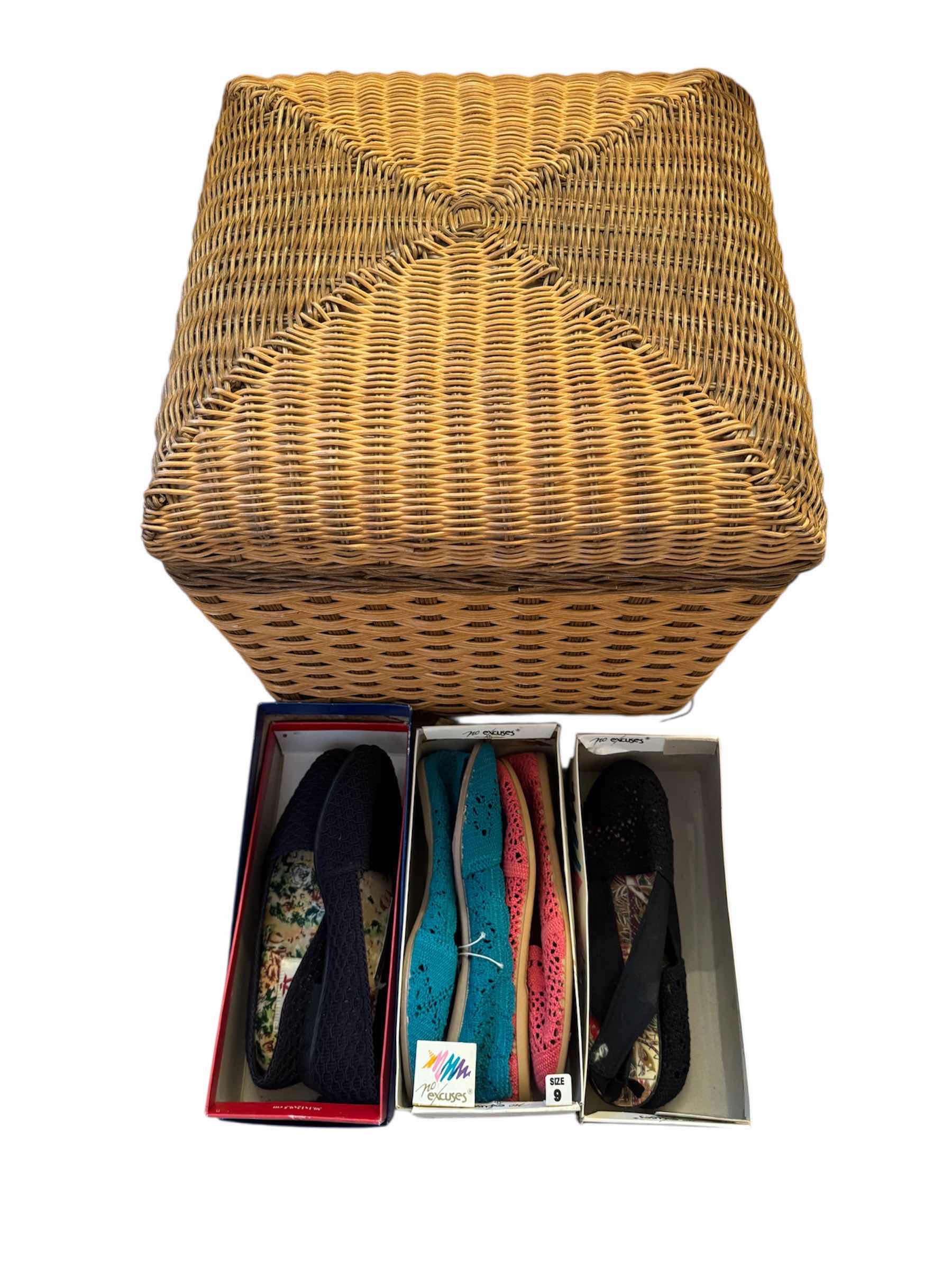 Photo 1 of WICKER STOOL STORAGE WITH ASSORTMENT OF WOMENS SHOES SIZE 9/SIZE10
H14.5”