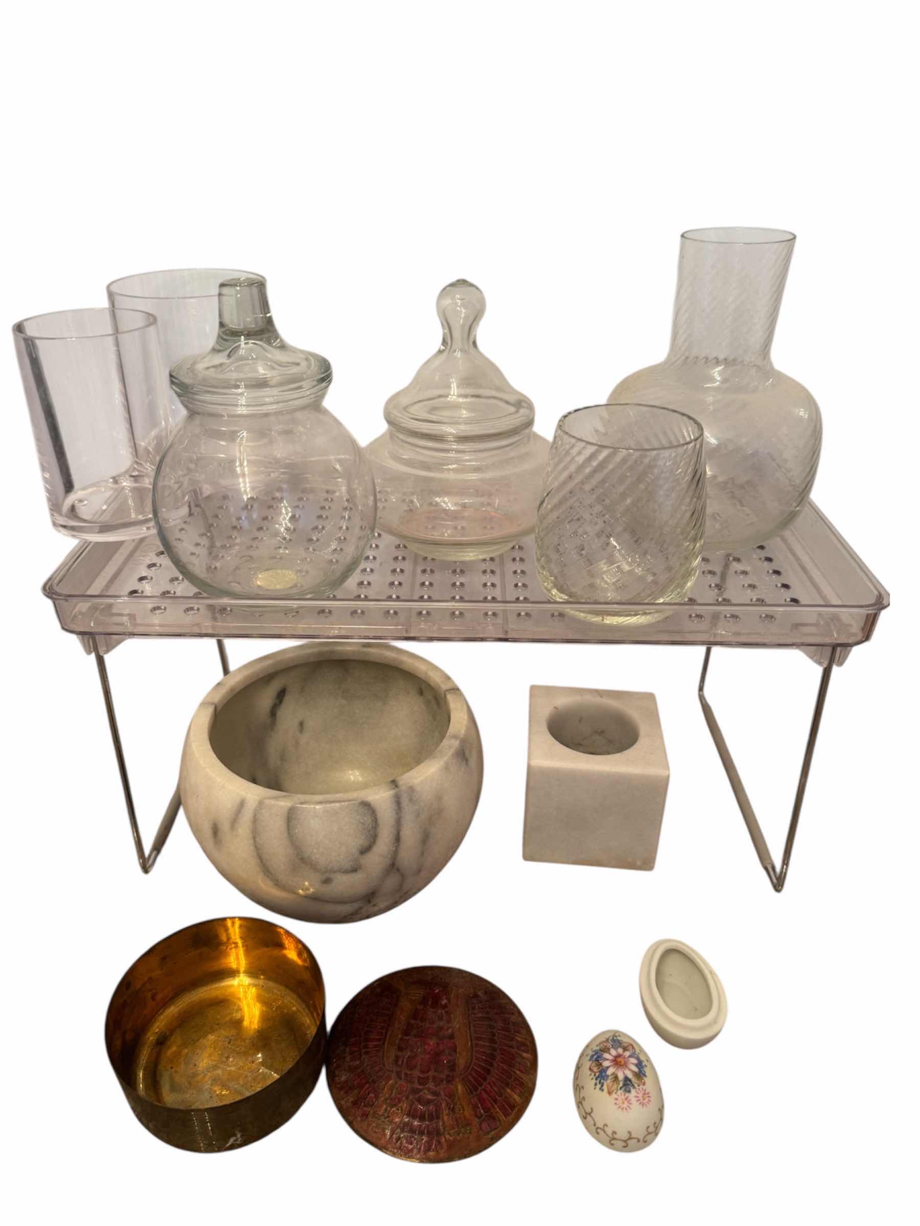 Photo 1 of ASSORTMENT OF BATHROOM DECOR, WASHROOM DECOR, DRAWER LINERS, GLASS, BRASS, AND COPPER CONTAINERS