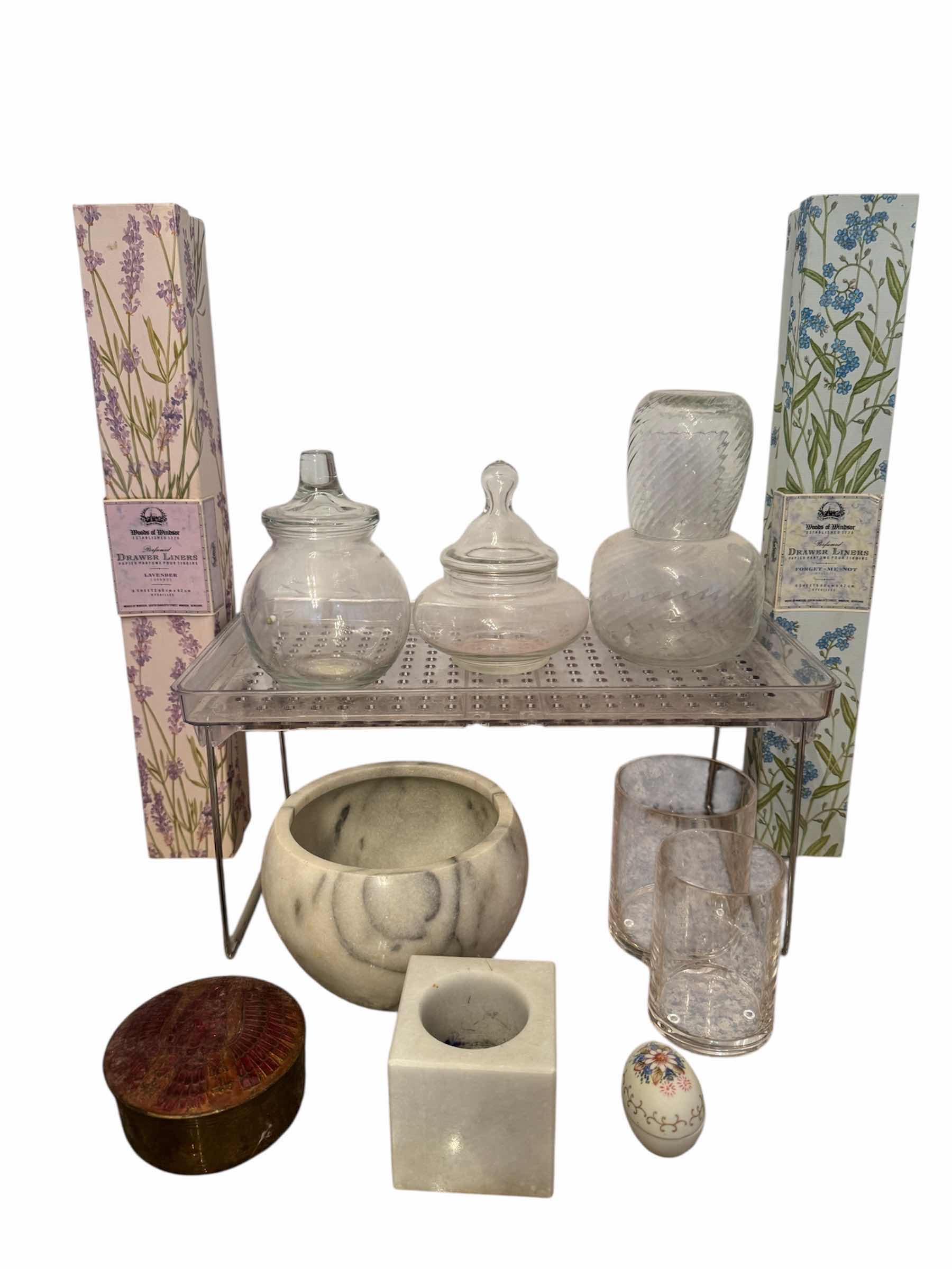 Photo 1 of ASSORTMENT OF BATHROOM DECOR, WASHROOM DECOR, DRAWER LINERS, GLASS, BRASS, AND COPPER CONTAINERS