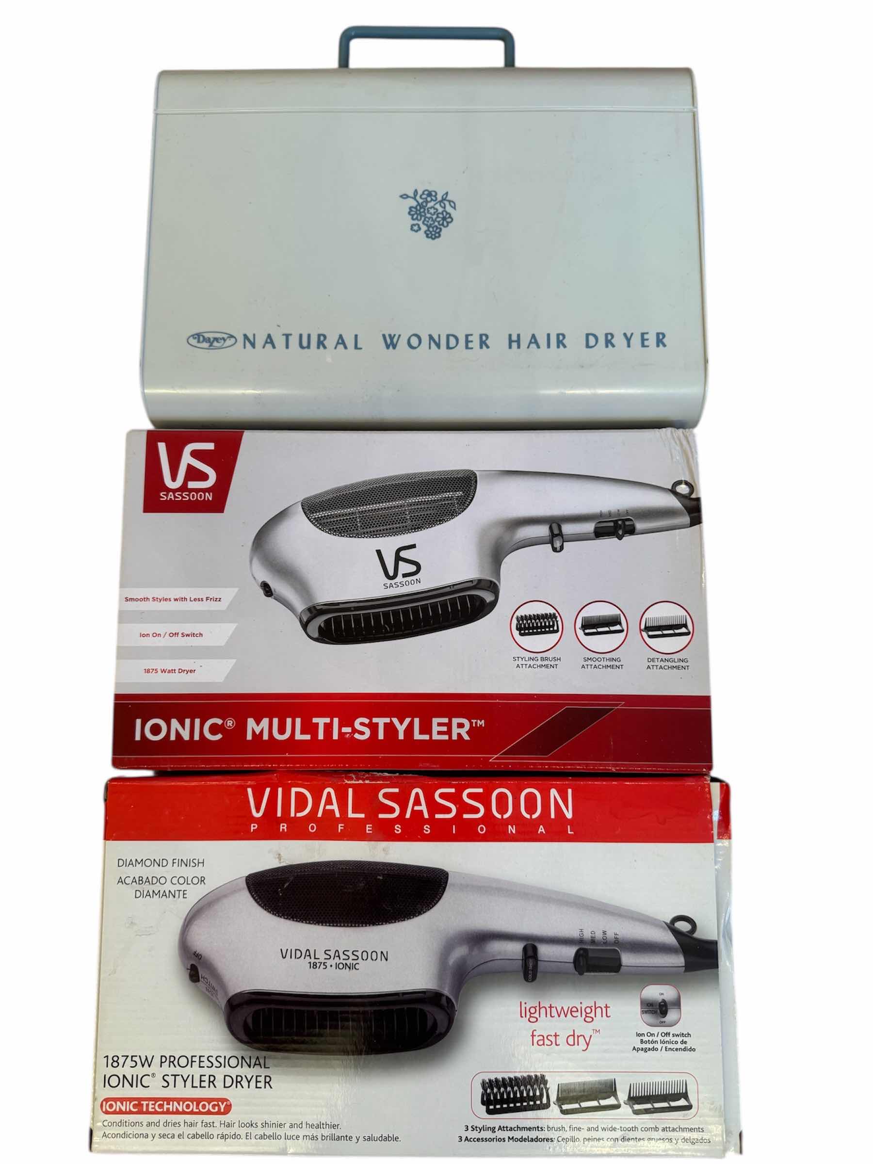Photo 1 of NATURAL WONDER HAIR DRYER, VIDAL SASSON IONIC STYLER DRYER, ULTRASONIC CLEANER, AND VINTAGE MAKEUP MIRROR VANITY