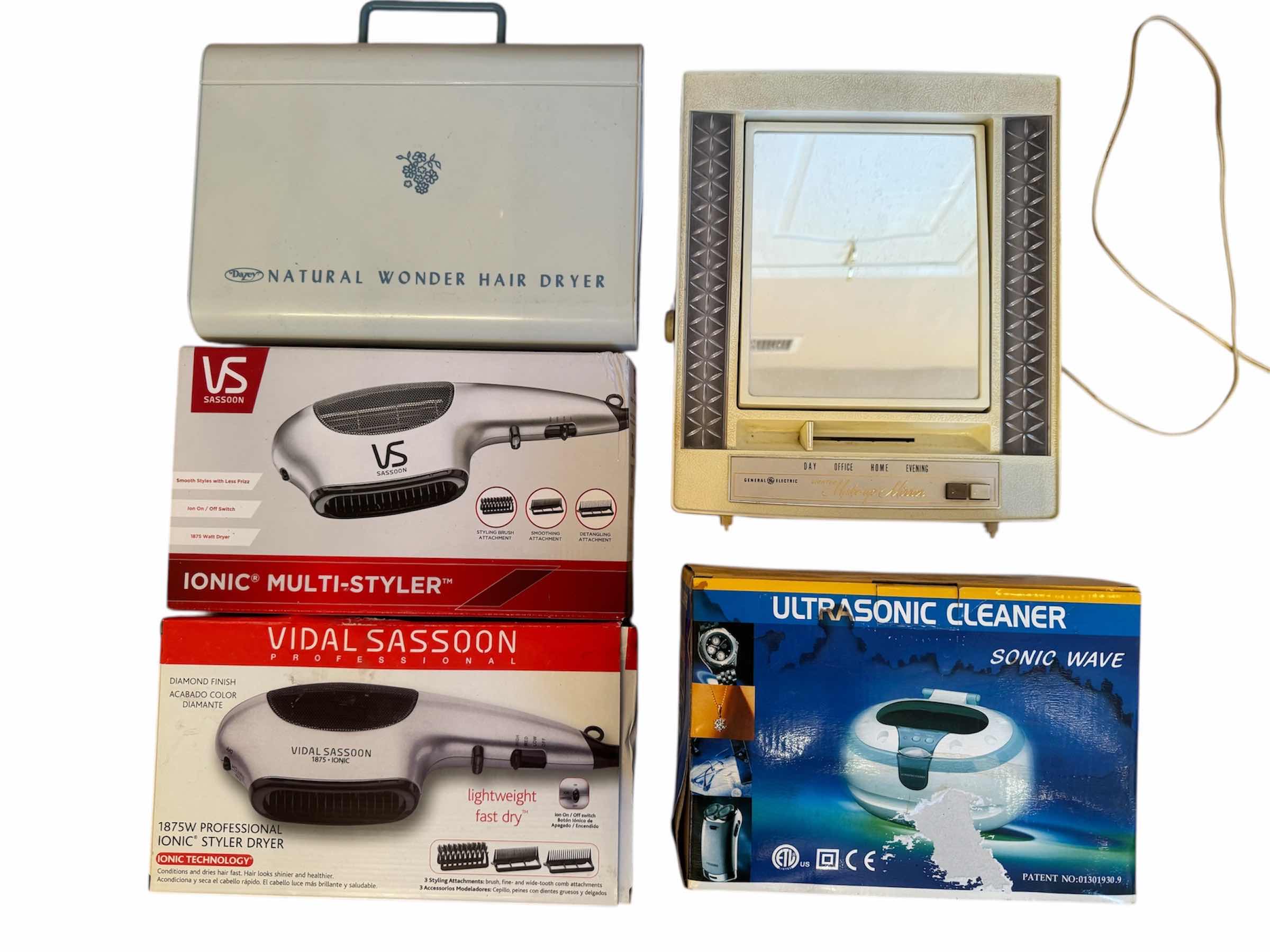 Photo 1 of NATURAL WONDER HAIR DRYER, VIDAL SASSON IONIC STYLER DRYER, ULTRASONIC CLEANER, AND VINTAGE MAKEUP MIRROR VANITY