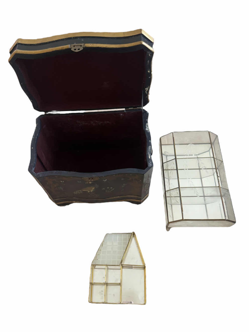 Photo 1 of VINTAGE WOODEN CHEST AND GLASS/MIRROR DISLAY SHELVES
H13.5” AND SMALLER