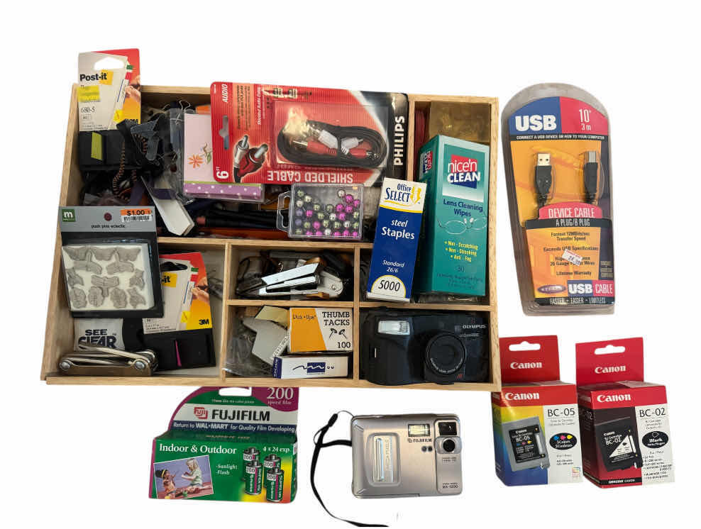 Photo 1 of VINTAGE FUJIFILM, OLYMPUS FILM CAMERAS, AND AN ASSORTMENT OF OFFICE SUPPLIES