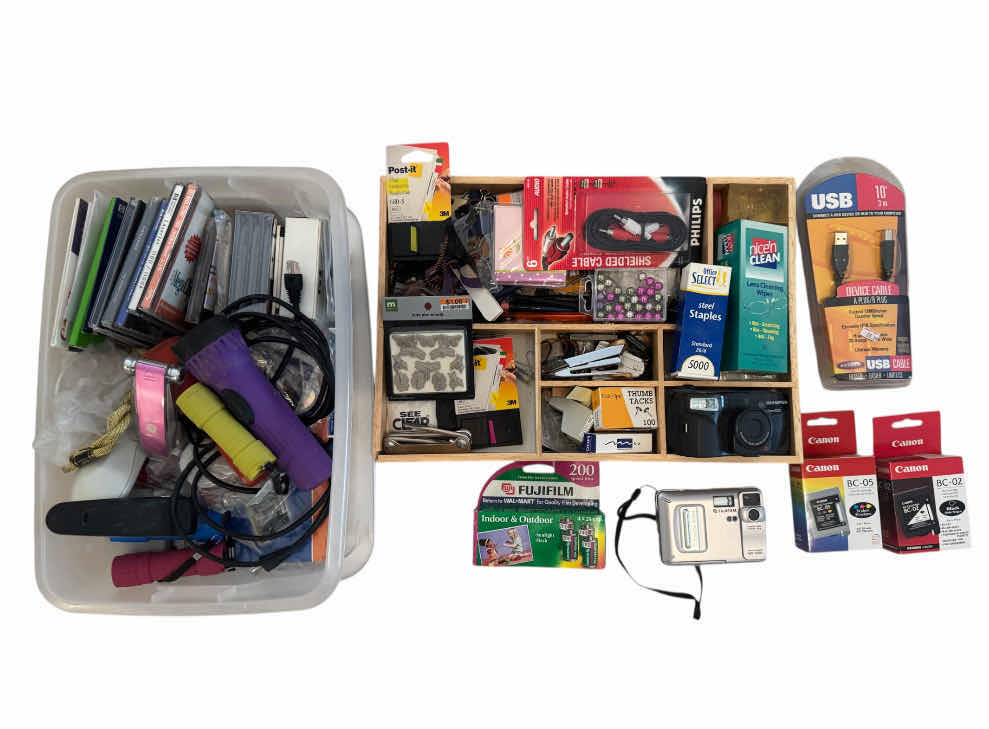Photo 1 of VINTAGE FUJIFILM, OLYMPUS FILM CAMERAS, AND AN ASSORTMENT OF OFFICE SUPPLIES