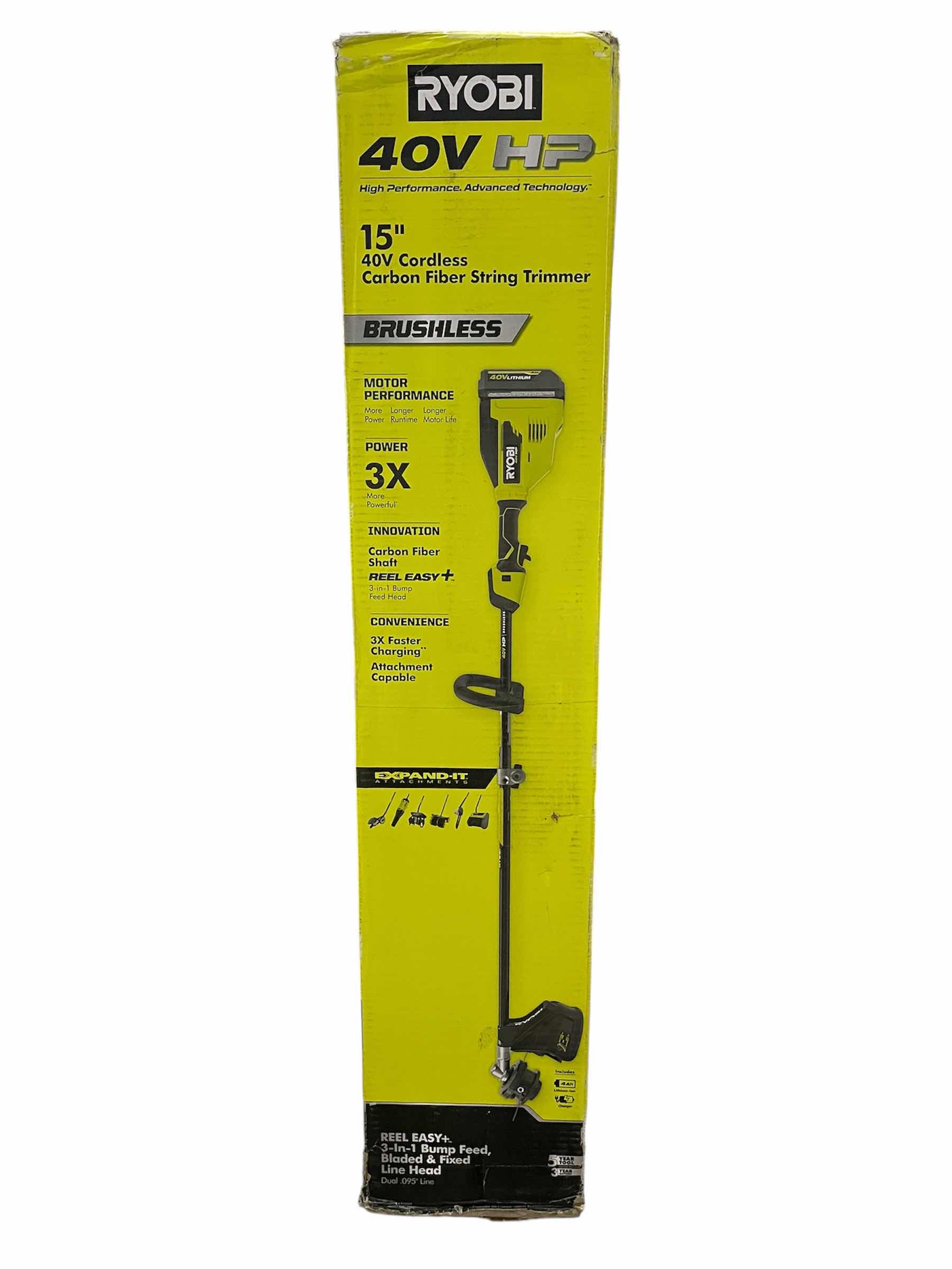 Photo 1 of NEW RYOBI 40V 15" ELECTRIC CORDLESS CARBON FIBER STRING TRIMMER W BATTERY