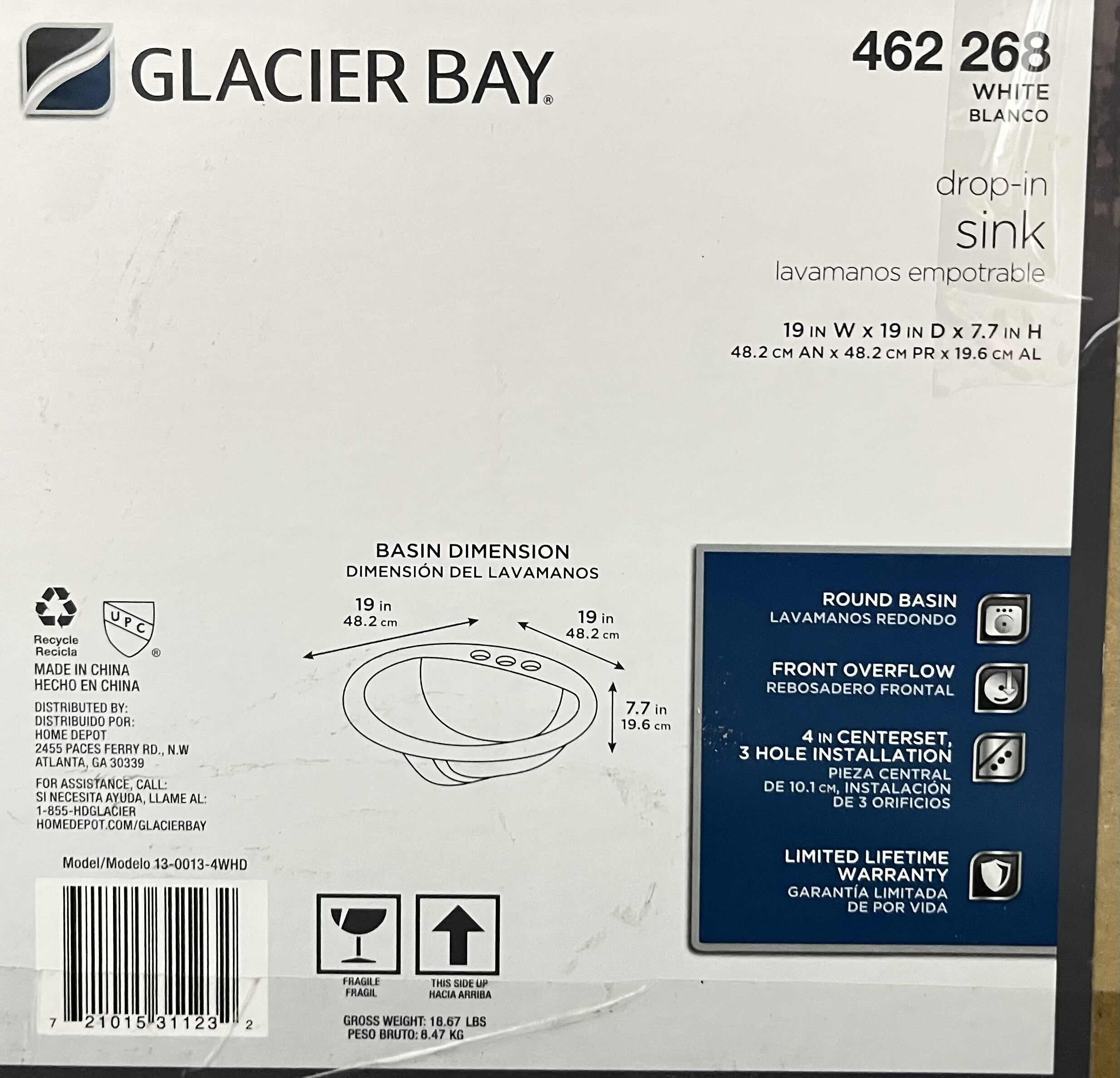 Photo 1 of NEW GLACIER BAY 19” VITREOUS CHINA WHITE FINISH DROP-IN BATHROOM SINK 462 268