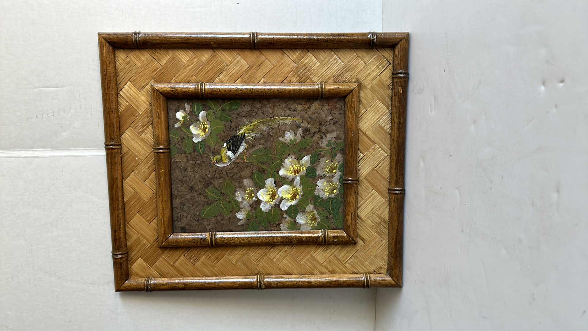 Photo 4 of BAMBOO FRAMED ARTWORK BIRDS IN FLOWERS TWO PIECES 13” X 15”