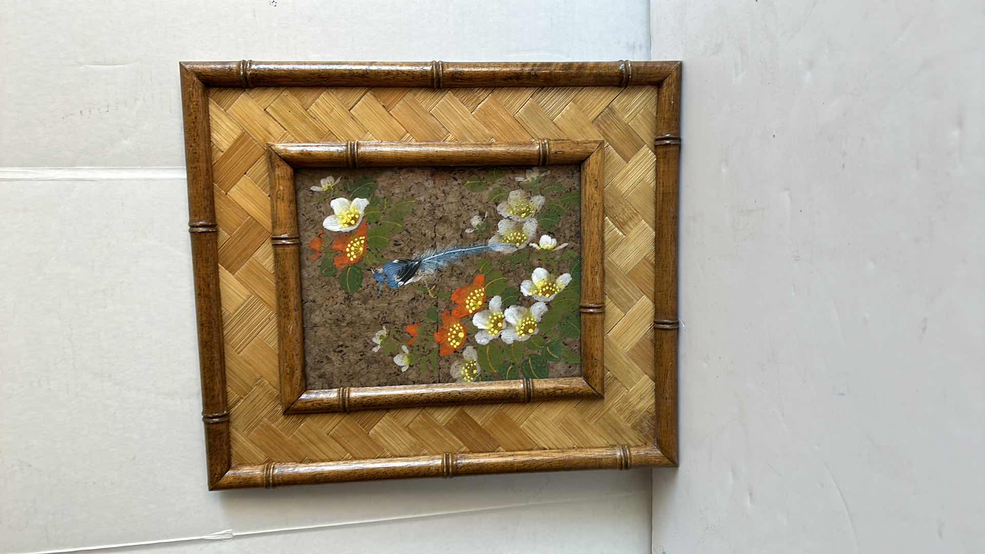 Photo 3 of BAMBOO FRAMED ARTWORK BIRDS IN FLOWERS TWO PIECES 13” X 15”