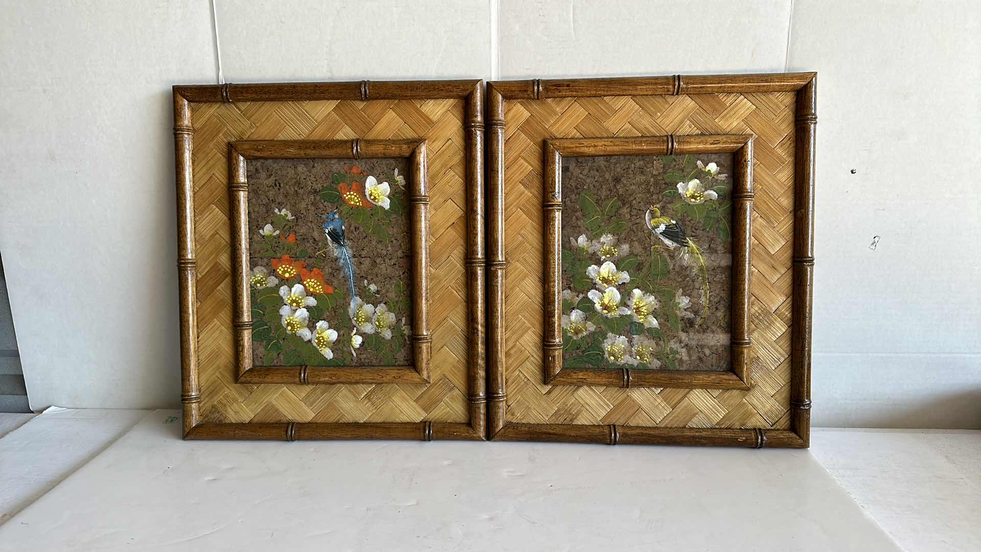 Photo 1 of BAMBOO FRAMED ARTWORK BIRDS IN FLOWERS TWO PIECES 13” X 15”