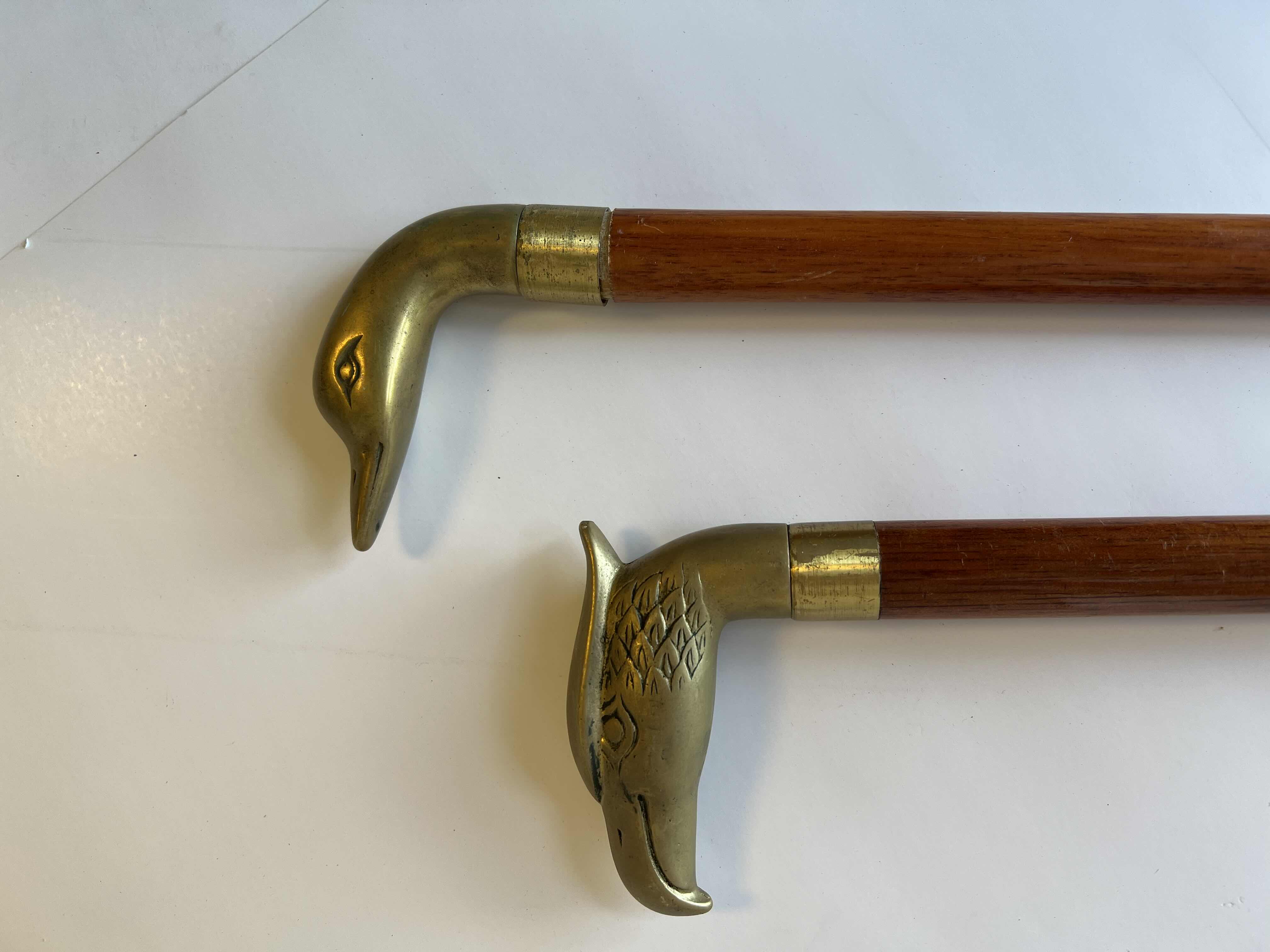 Photo 1 of 2-BRASS DUCK HEADS WOOD WALKING STICK H 33”