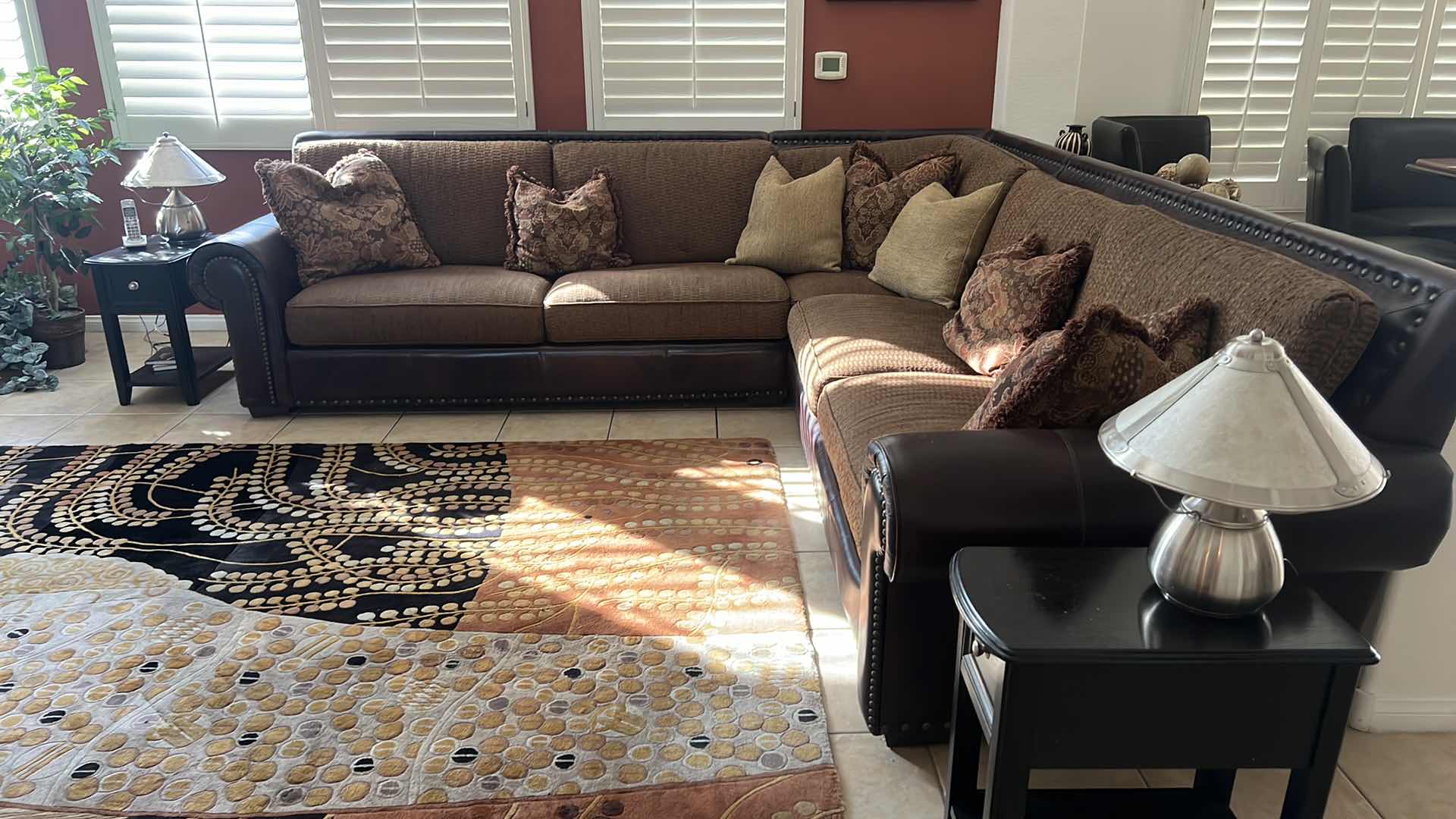 Photo 2 of BROWN LEATHER W UPHOLSTERED CUSHIONS 3 PC SECTIONAL  124" x 124"