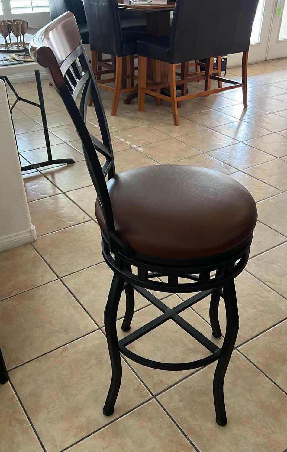 Photo 3 of BLACK IRON W ASH WOOD TRIM & FAUX LEATHER SEAT SWIVEL HIGH BACK BAR STOOL (SEAT H29")