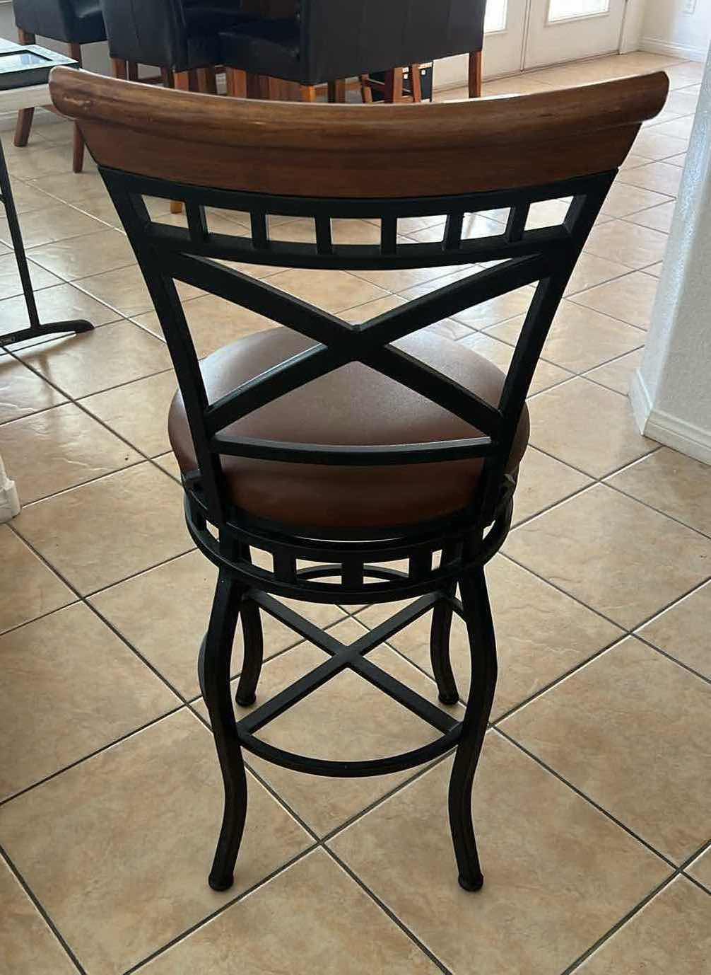 Photo 2 of BLACK IRON W ASH WOOD TRIM & FAUX LEATHER SEAT SWIVEL HIGH BACK BAR STOOL (SEAT H29")