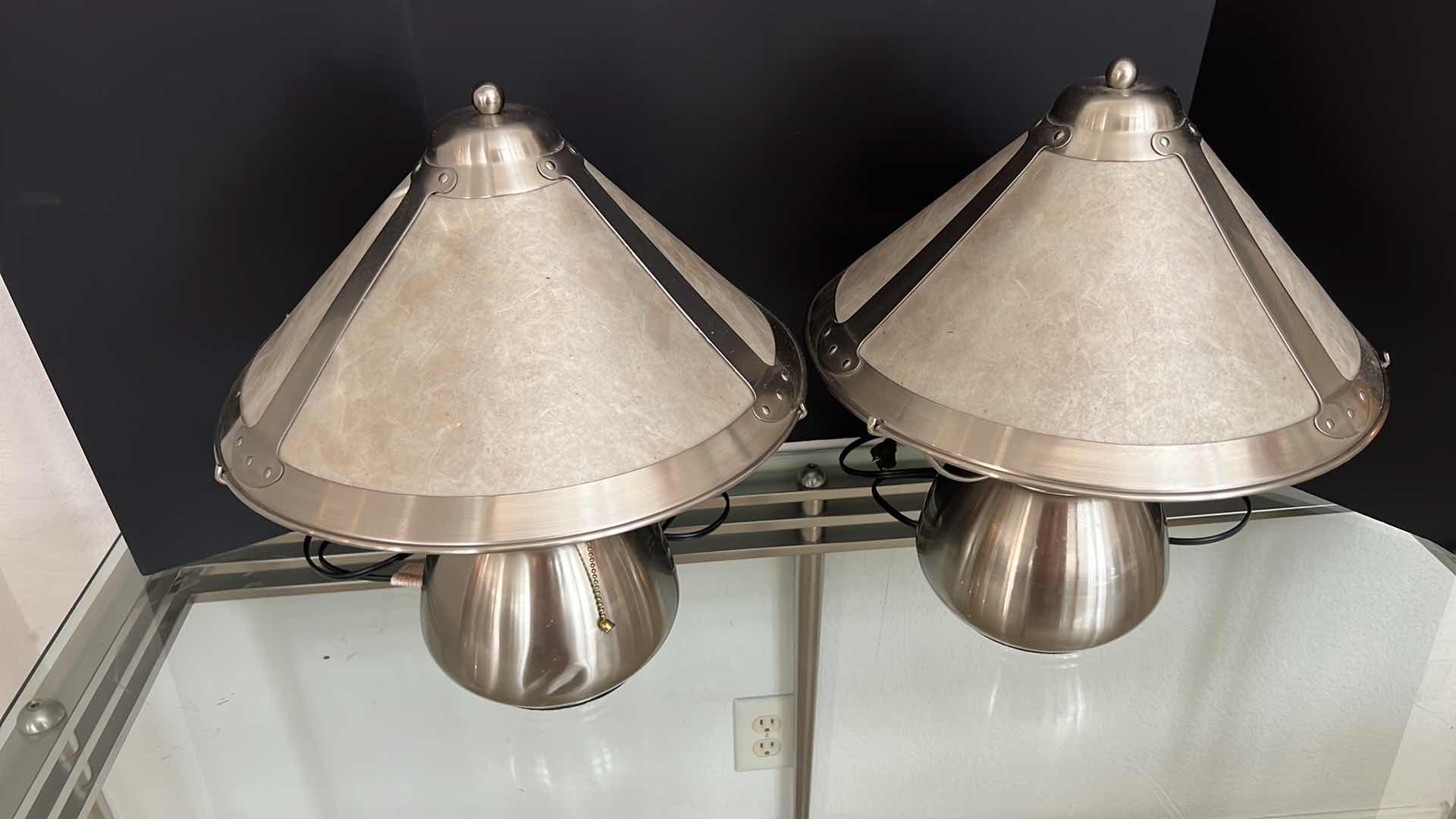 Photo 2 of 2-SILVER METAL ROUND TABLE LAMPS W SHADES H18"