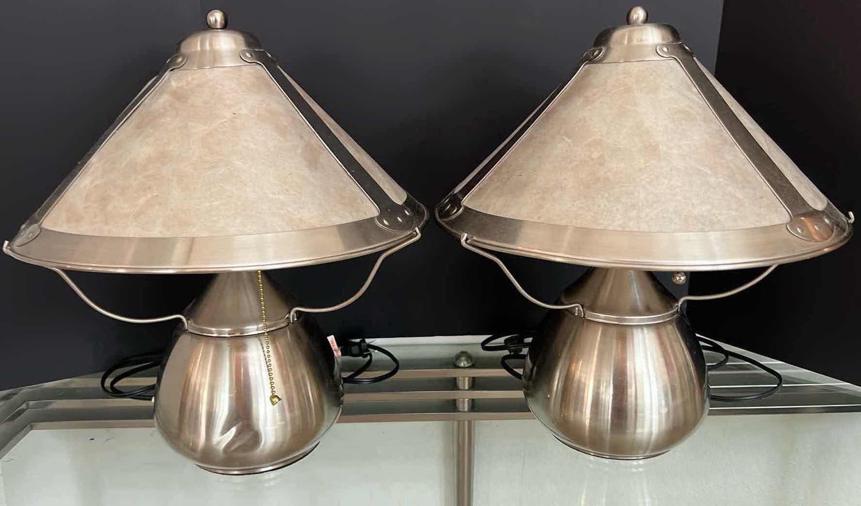 Photo 1 of 2-SILVER METAL ROUND TABLE LAMPS W SHADES H18"