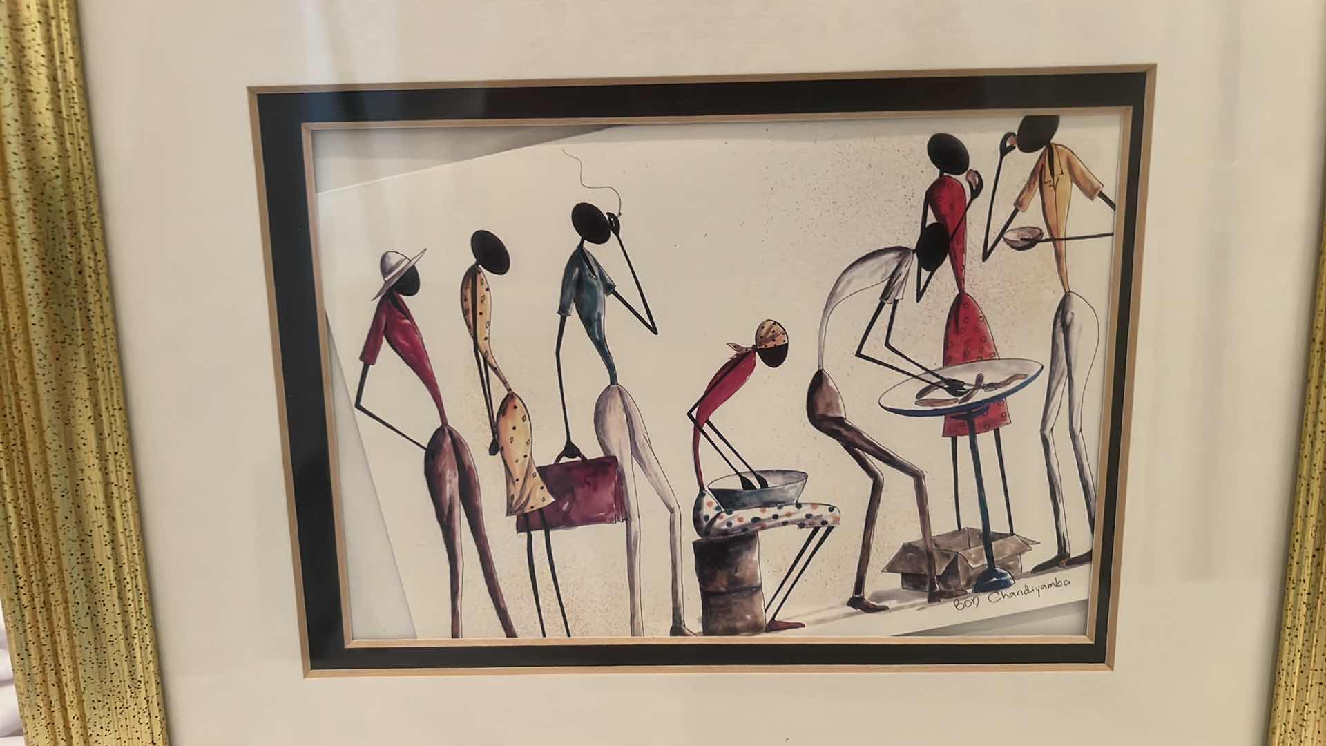 Photo 7 of 2-GOLD FRAMED "AFRICAN STICK FIGURES" SIGNED ARTWORKS 12" x 10"