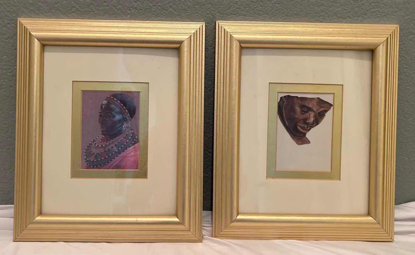 Photo 1 of 2-GOLD FRAMED "AFRICAN FIGURES" ARTWORK 11" x 13"