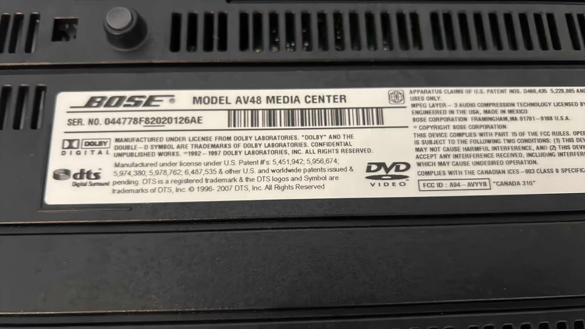 Photo 4 of BOSE DVD MEDIA CENTER W REMOTE MODEL AV48