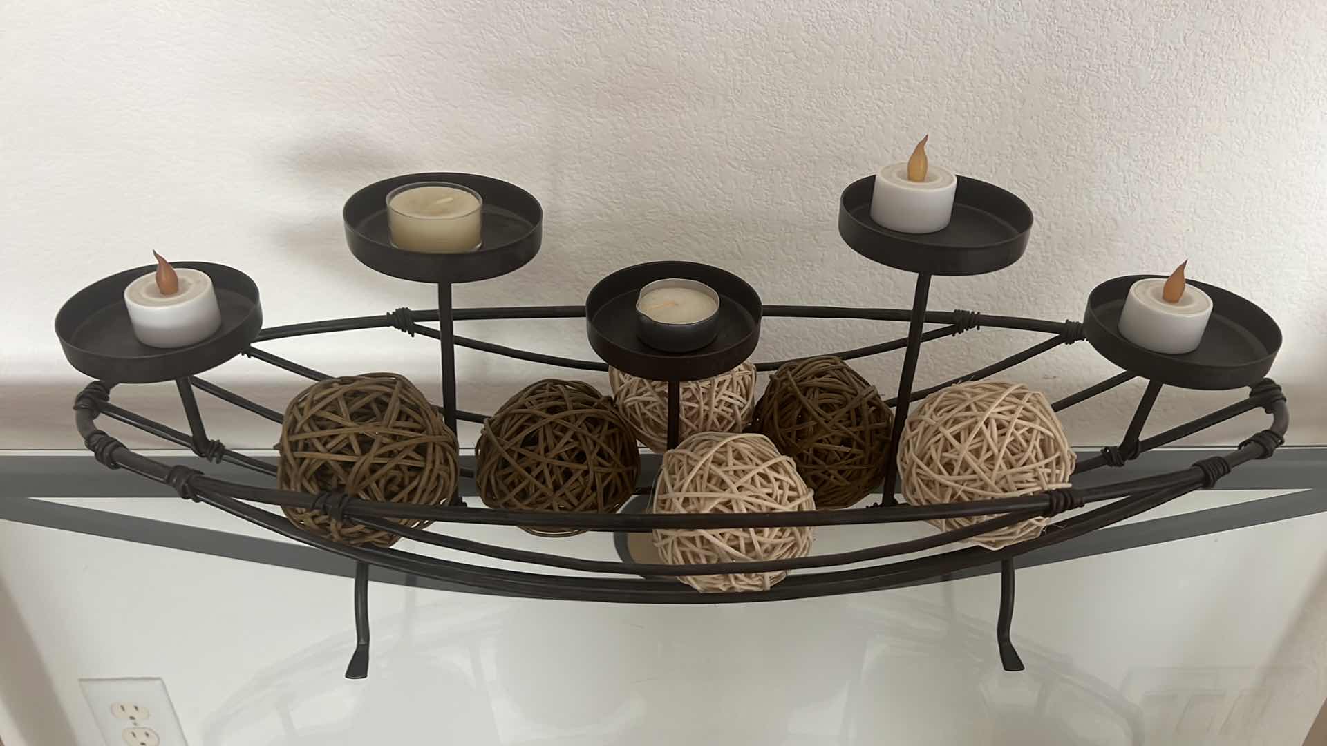 Photo 1 of BROWN HOME DECOR IRON 5 CANDLE STAND HOLDER W 6 TWIG BALLS 23" x 7" H10"