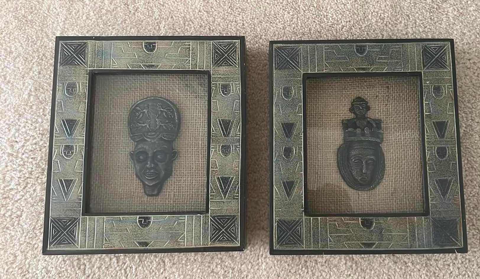 Photo 1 of 2-AFRICAN FACES IN WOOD W GLASS SHADOW BOX WALL ART 9" x 10"