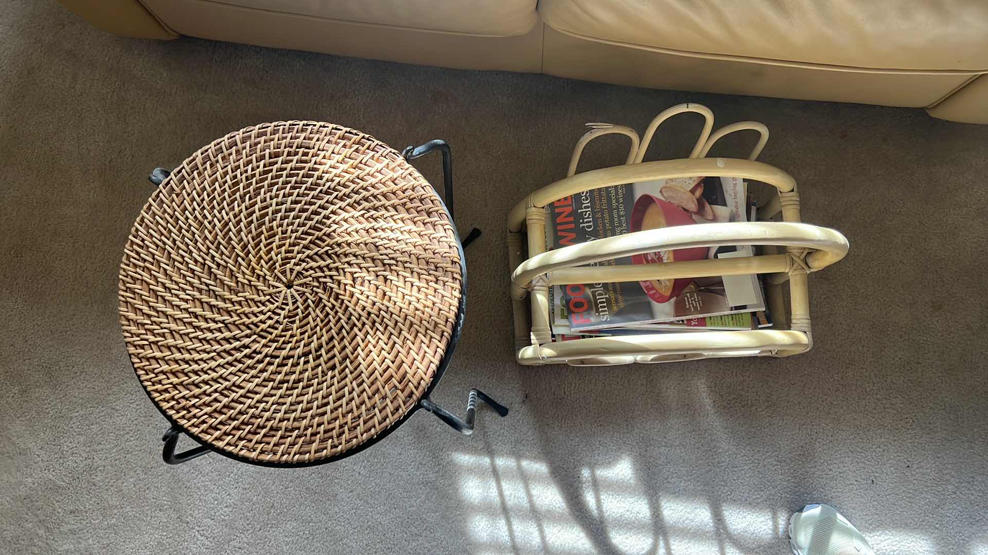 Photo 4 of 12" ROUND BLACK METAL W WICKER TOP PLANT STAND H20", BAMBOO MAGAZINE RACK