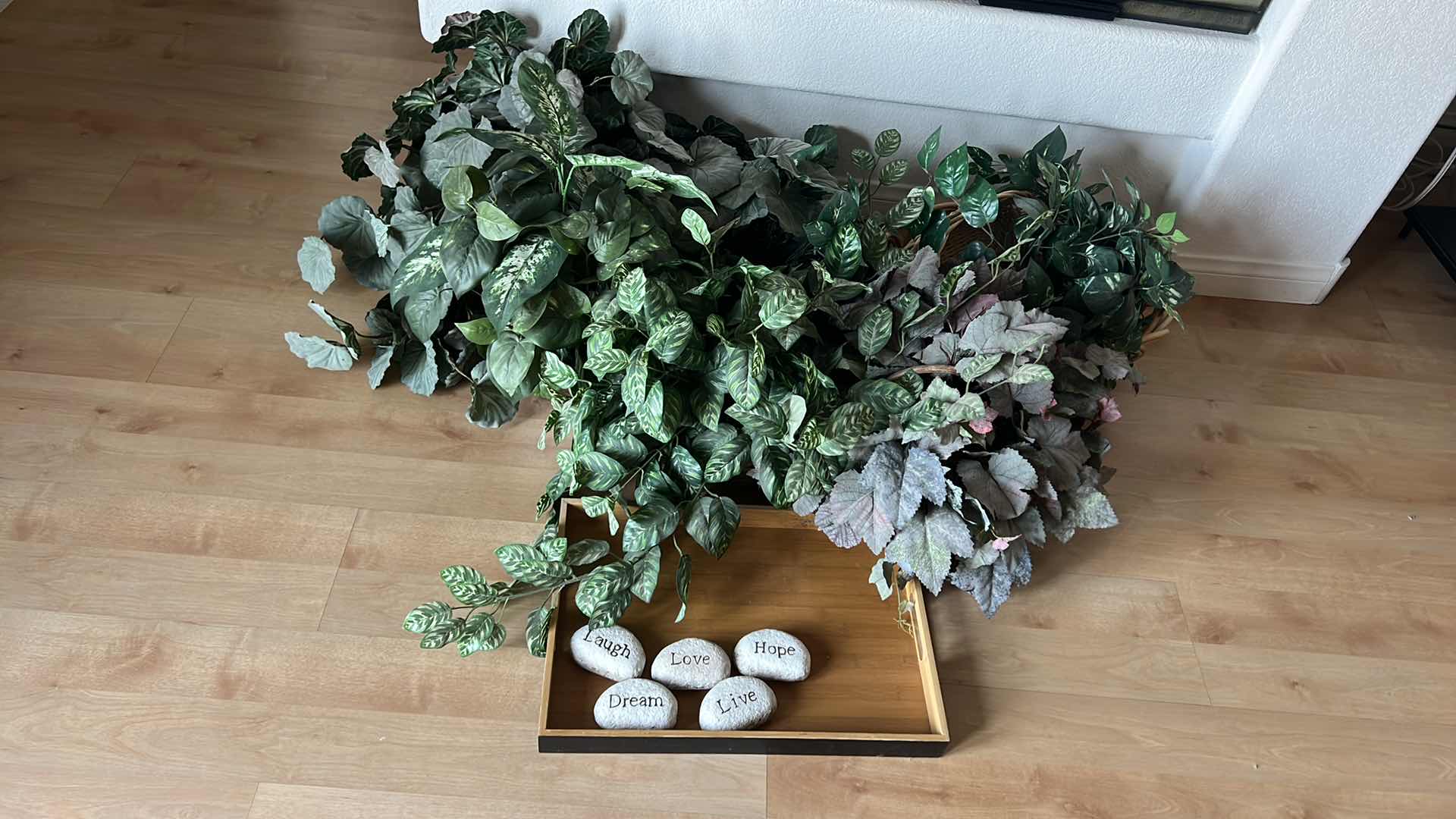 Photo 1 of FAUX PLANTS IN CONTAINERS, MESSAGE ROCK W WOOD TRAY