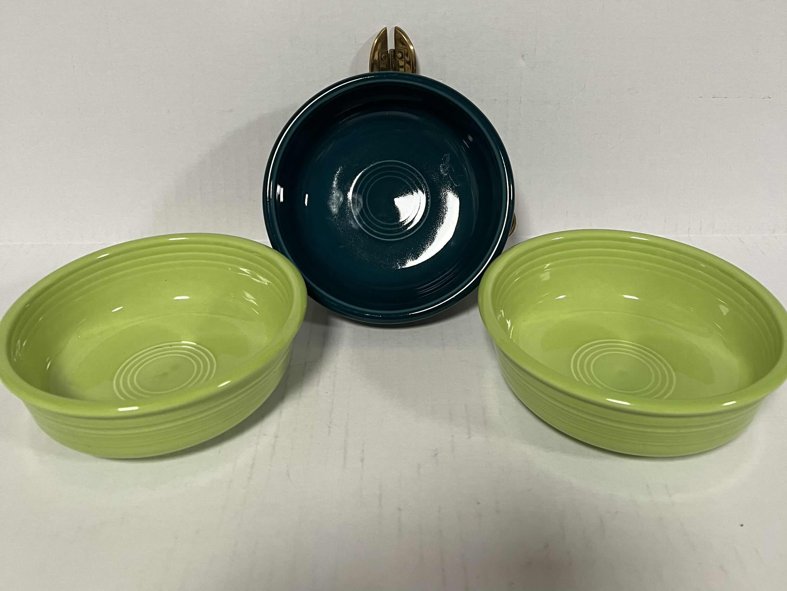 Photo 3 of 3-HLC FIESTAWARE SMALL SOUP BOWLS LIME GREEN AND JADE BLUE GREEN.