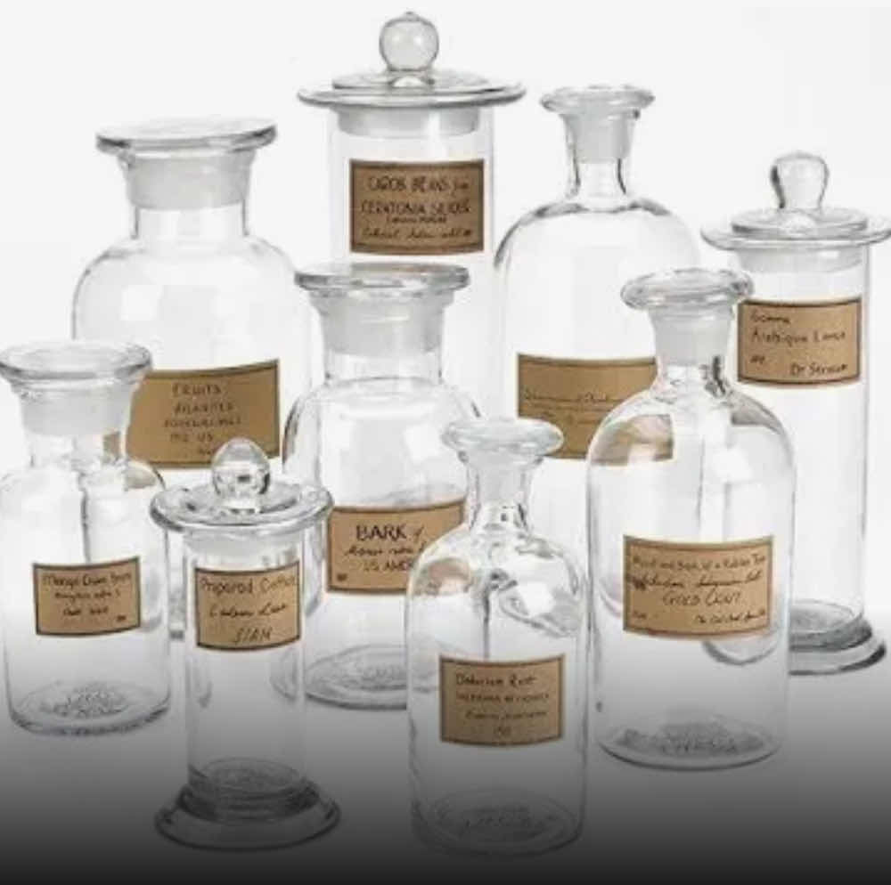 Photo 1 of 9-TWO’S COMPANY APOTHECARY JARS WITH ANTIQUED LABELS. SET OF 9. 