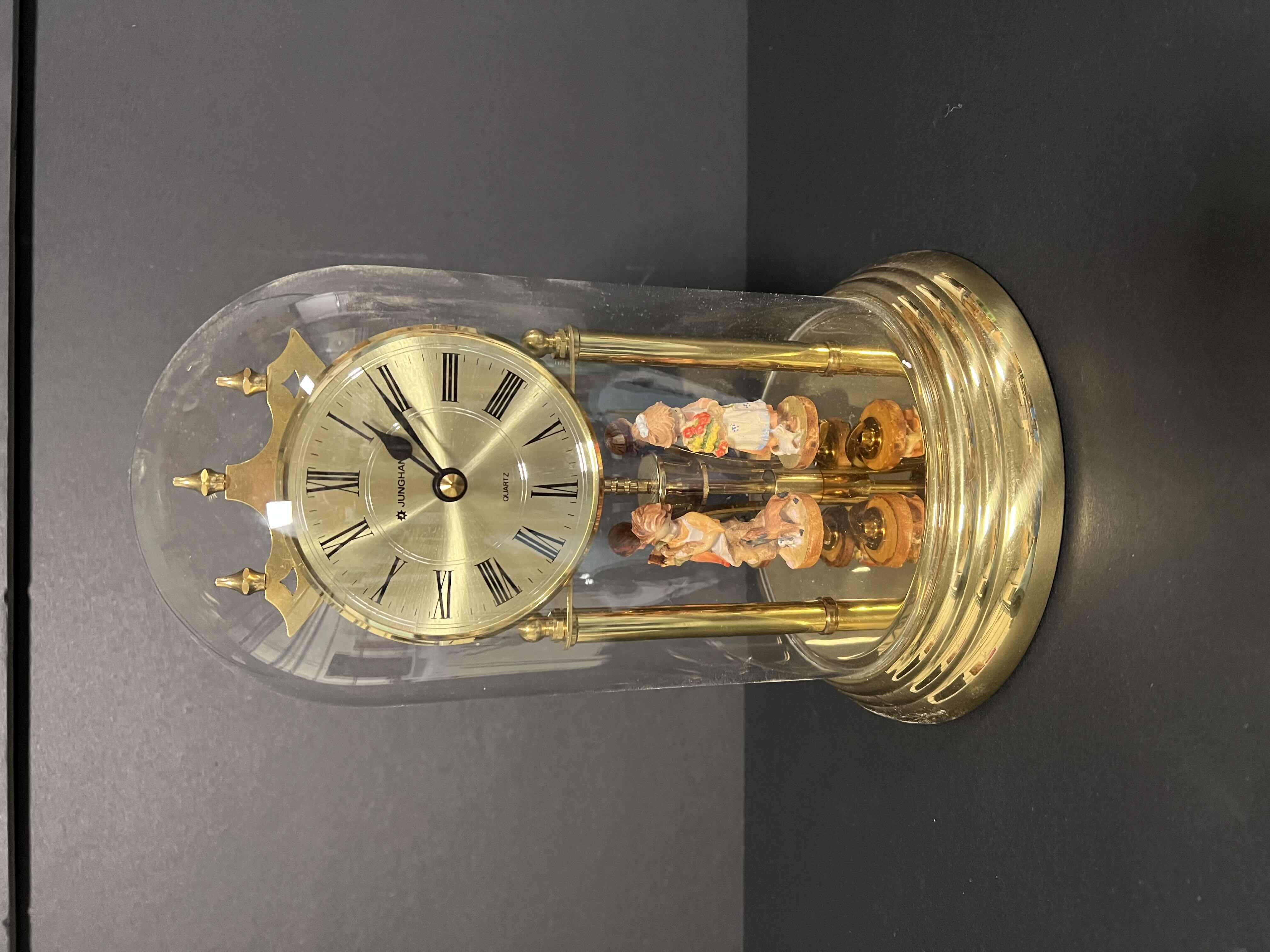 Photo 4 of JUNGHANS QUARTZ GLASS DOME DESK CLOCK. GERMAN CHILDREN ROTATING STATUES. 9”H.