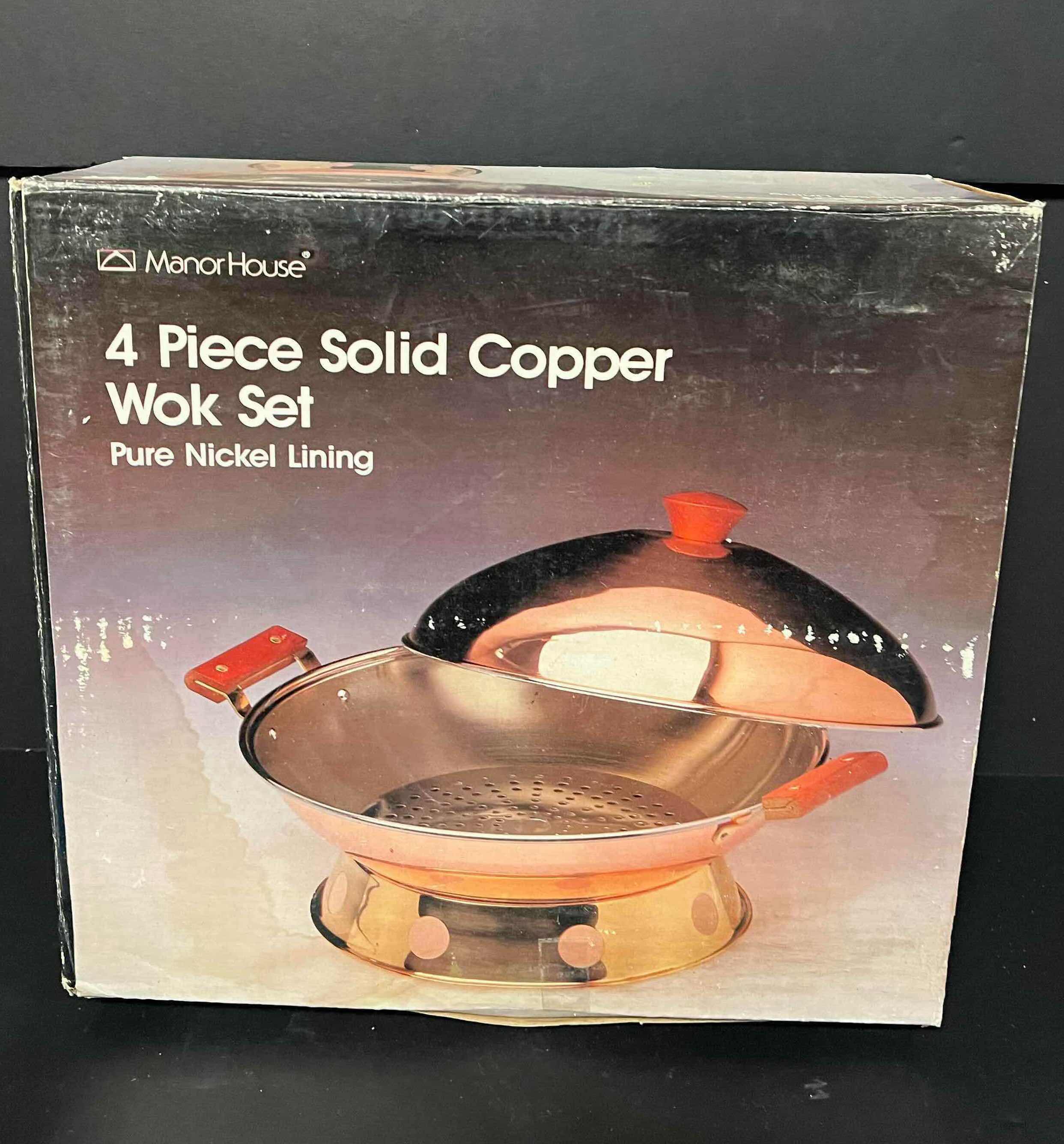 Photo 1 of NIB 4 PIECE SOLID COPPER WOK SET. COPPER/NICKEL LINING.