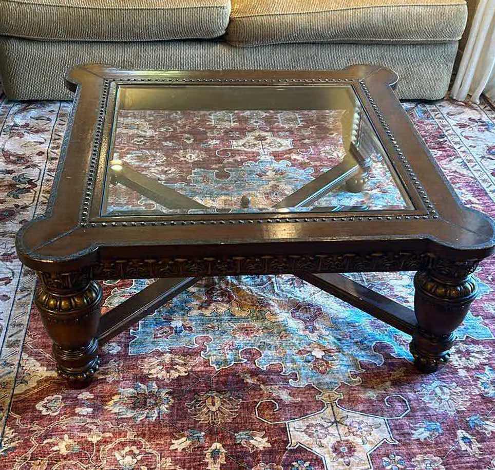 Photo 1 of WOOD COFFEE TABLE W NAIL TRIM W GLASS TOP 40 X 40