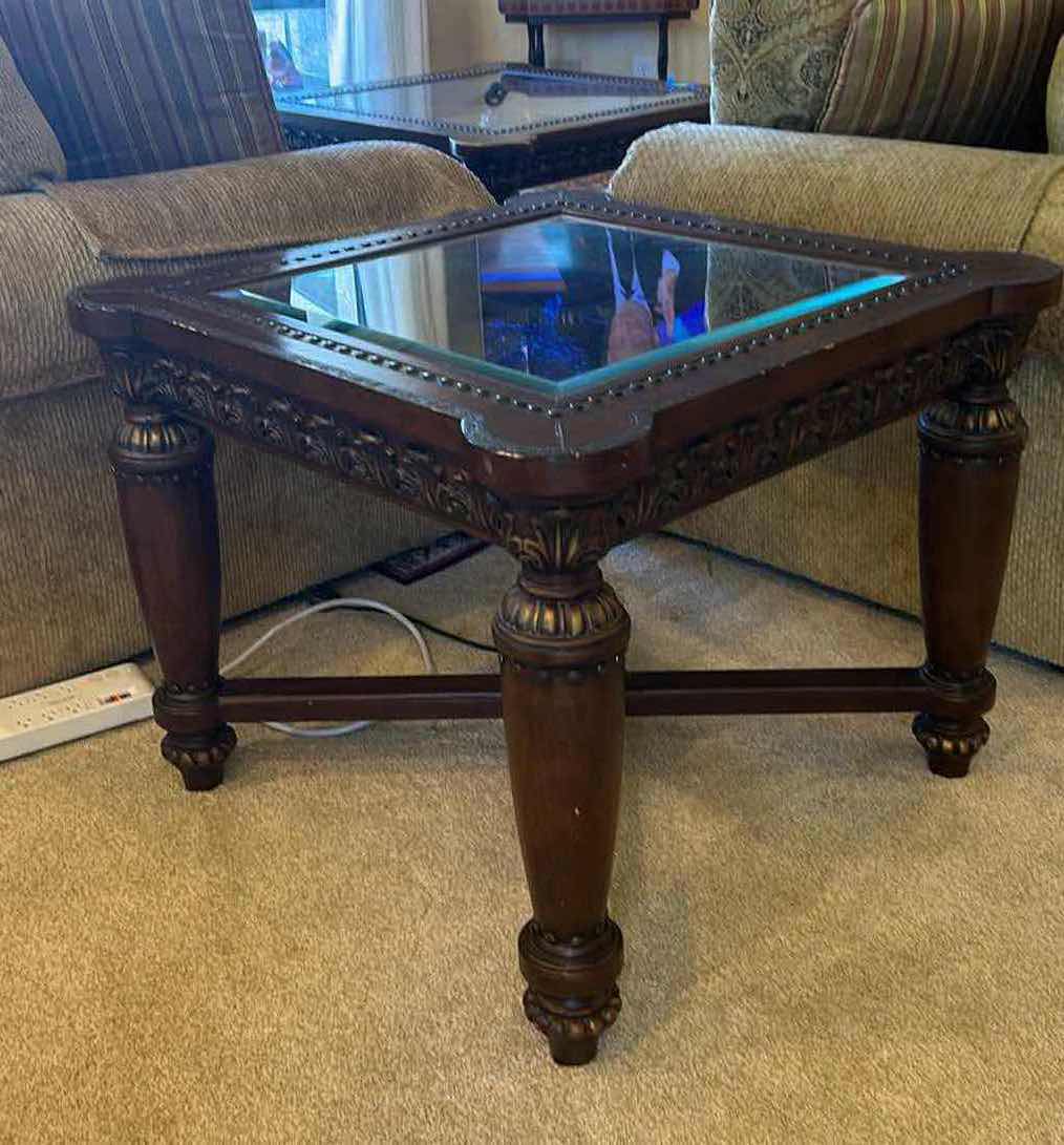 Photo 1 of DARK WOOD W GLASS TOP SIDE TABLE 24" X 24"