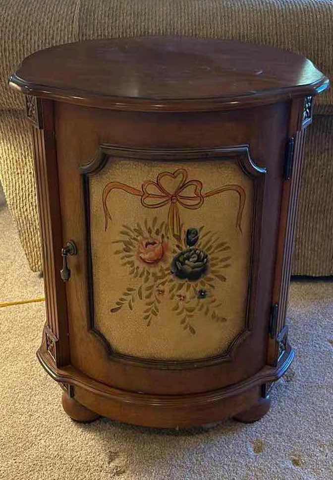 Photo 1 of WALNUT ROUND W FLORAL INLAY SIDE TABLE 18" X 25"