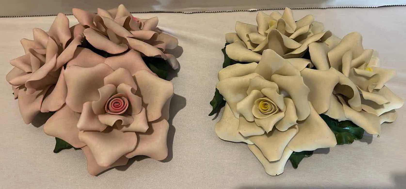 Photo 1 of 2-CAPODIMONTE YELLOW & PINK ROSE FLOWER SCULPTURES 6" x 6" H3"