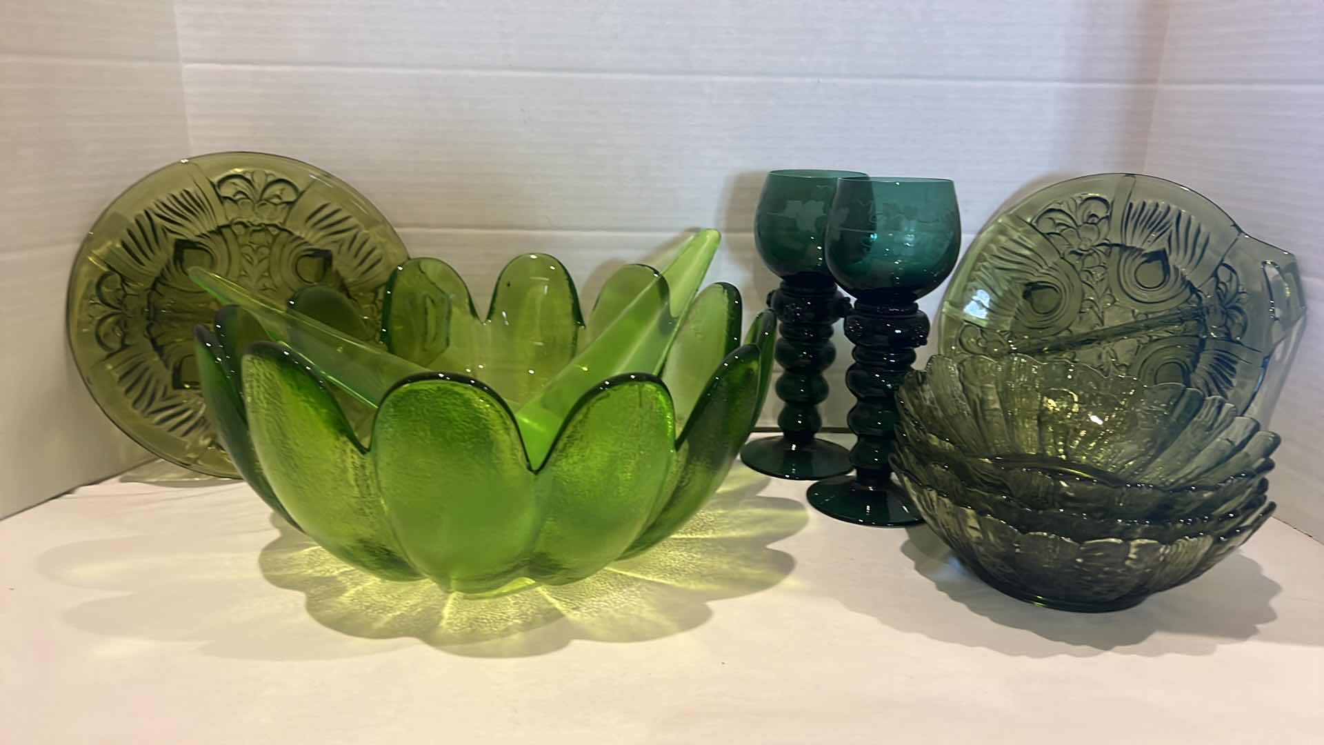 Photo 1 of 10-PCS VINTAGE GREEN GLASS DISHES, CANDLEHOLDERS