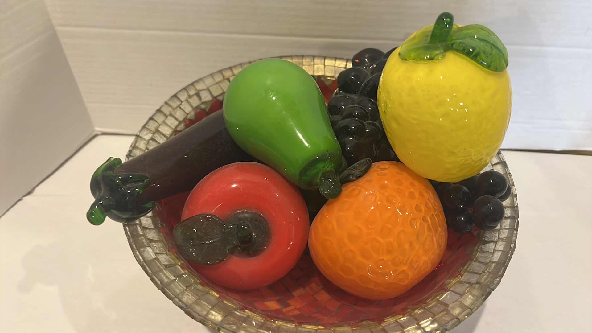 Photo 2 of STAINED GLASS STEMMED BOWL W GLASS FAUX FRUITS & VEGETABLES