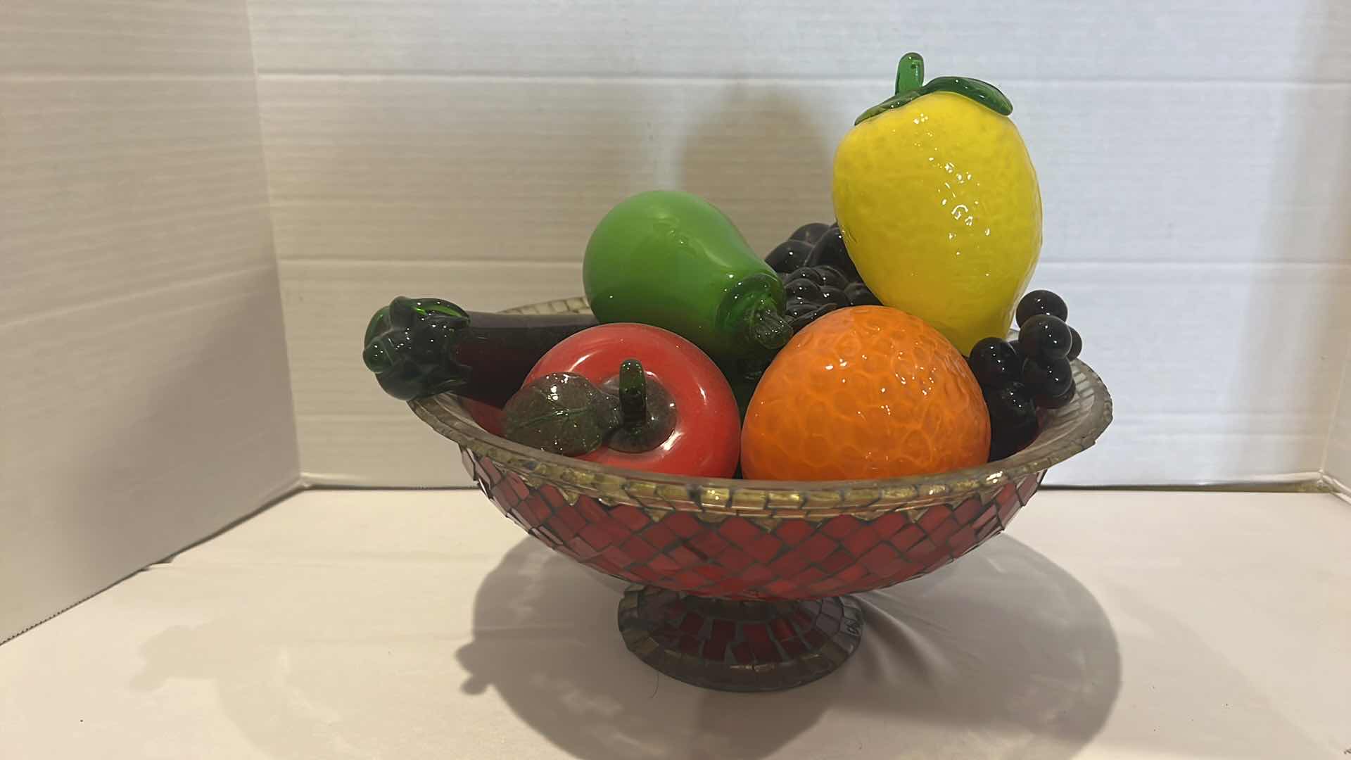 Photo 1 of STAINED GLASS STEMMED BOWL W GLASS FAUX FRUITS & VEGETABLES