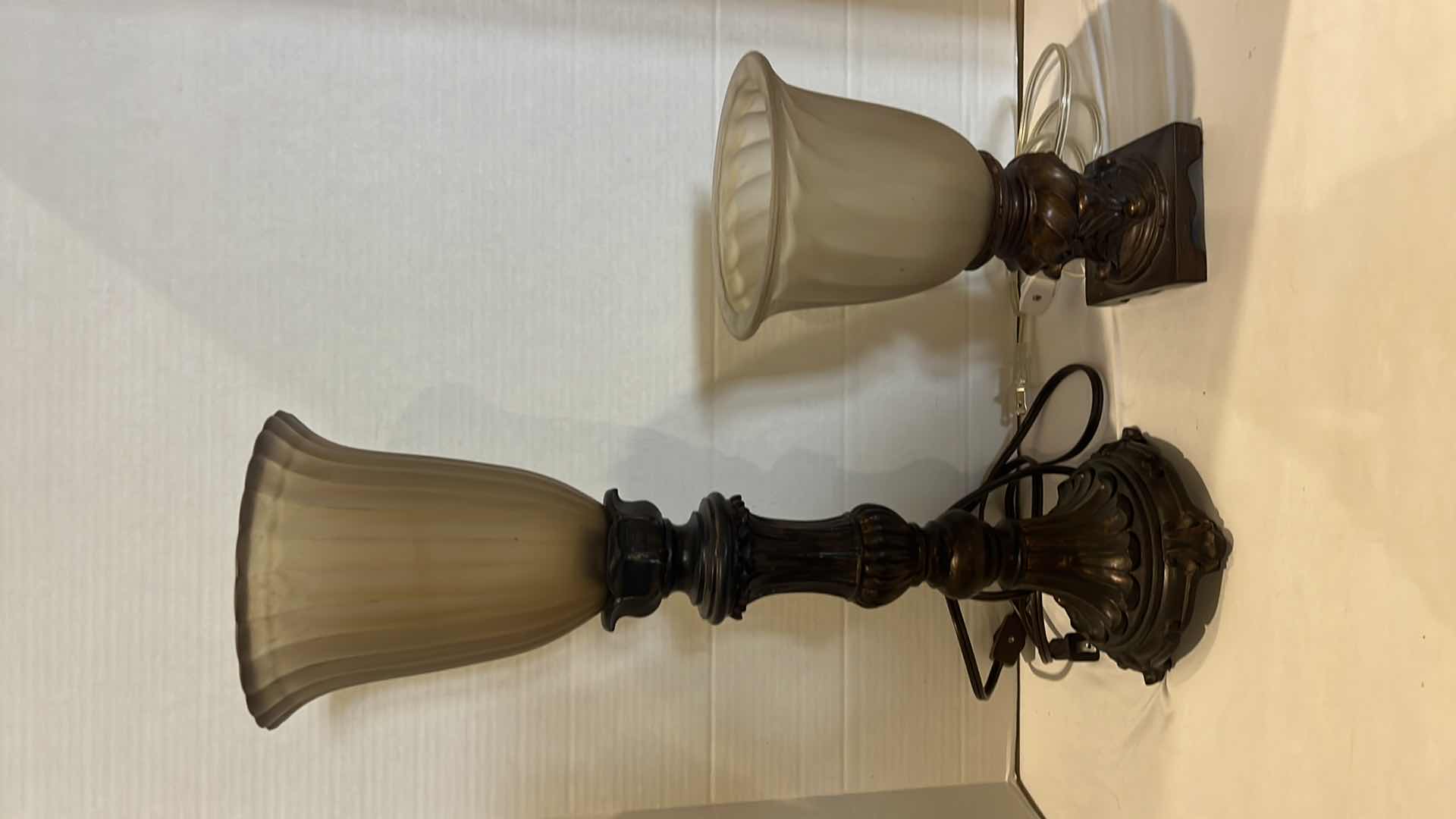 Photo 1 of 2-VINTAGE TABLE LAMPS W GLASS UPSHADE H19", H10"