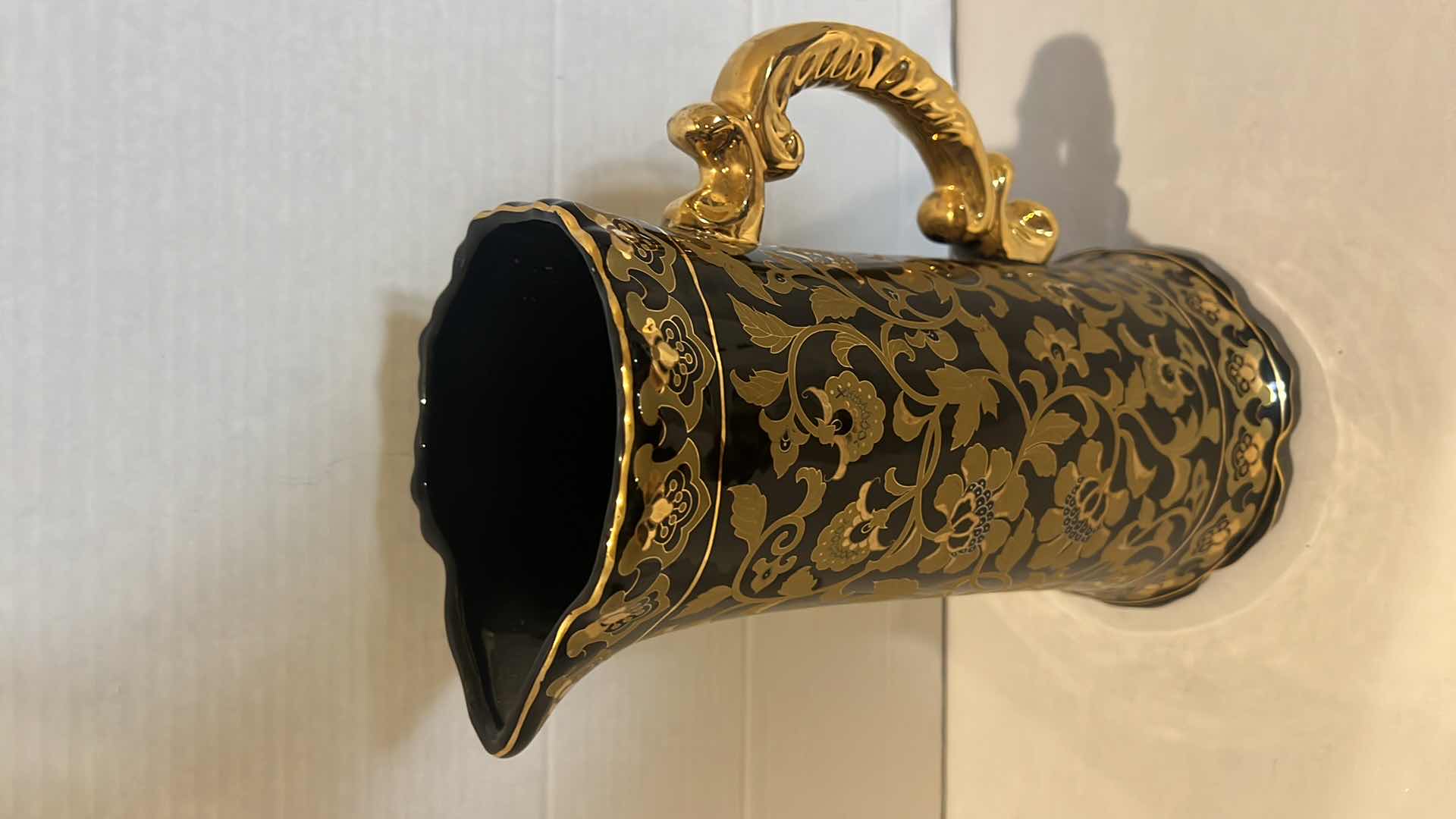 Photo 2 of ORNATE BLACK & GOLD CERAMIC PITCHER W7" H12"