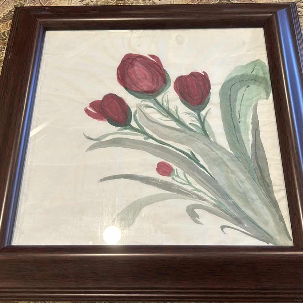 Photo 2 of TWO WOOD-FRAMED WATERCOLOR FLORAL ARTWORK 18.5” X 18.5”.