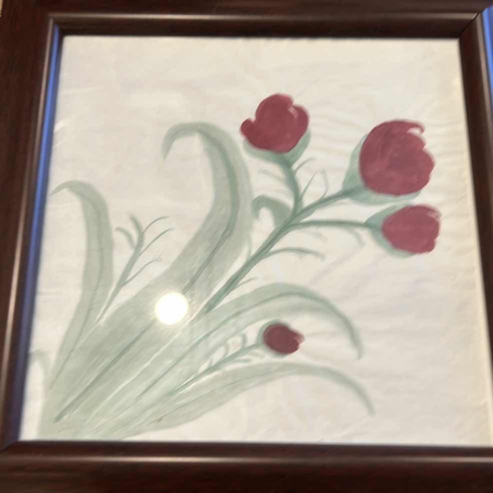 Photo 3 of TWO WOOD-FRAMED WATERCOLOR FLORAL ARTWORK 18.5” X 18.5”.