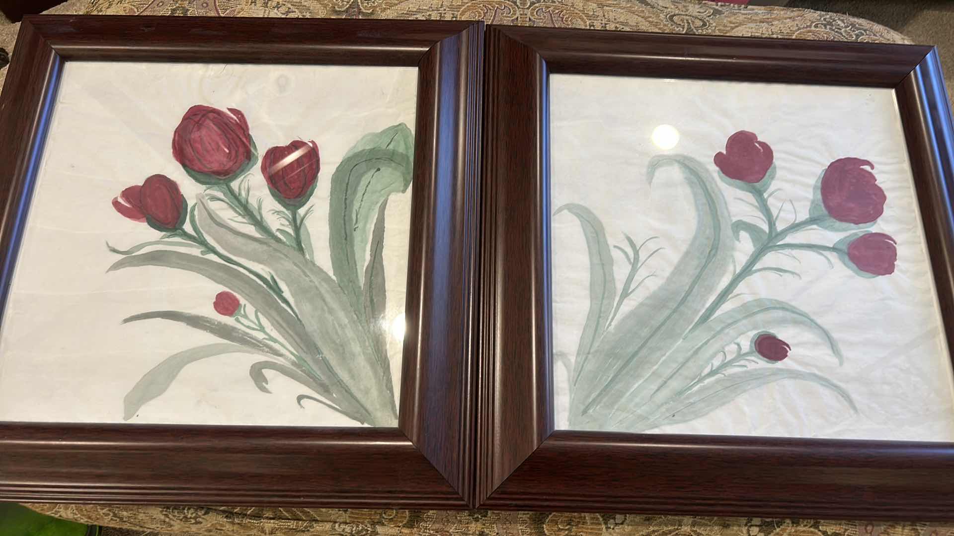 Photo 4 of TWO WOOD-FRAMED WATERCOLOR FLORAL ARTWORK 18.5” X 18.5”.