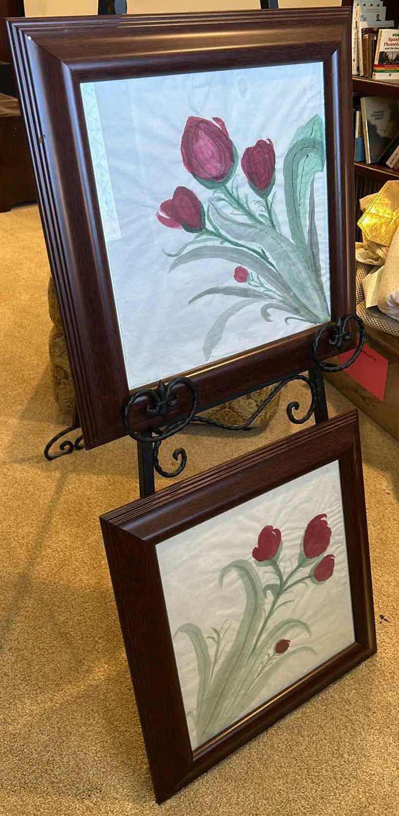 Photo 1 of TWO WOOD-FRAMED WATERCOLOR FLORAL ARTWORK 18.5” X 18.5”.