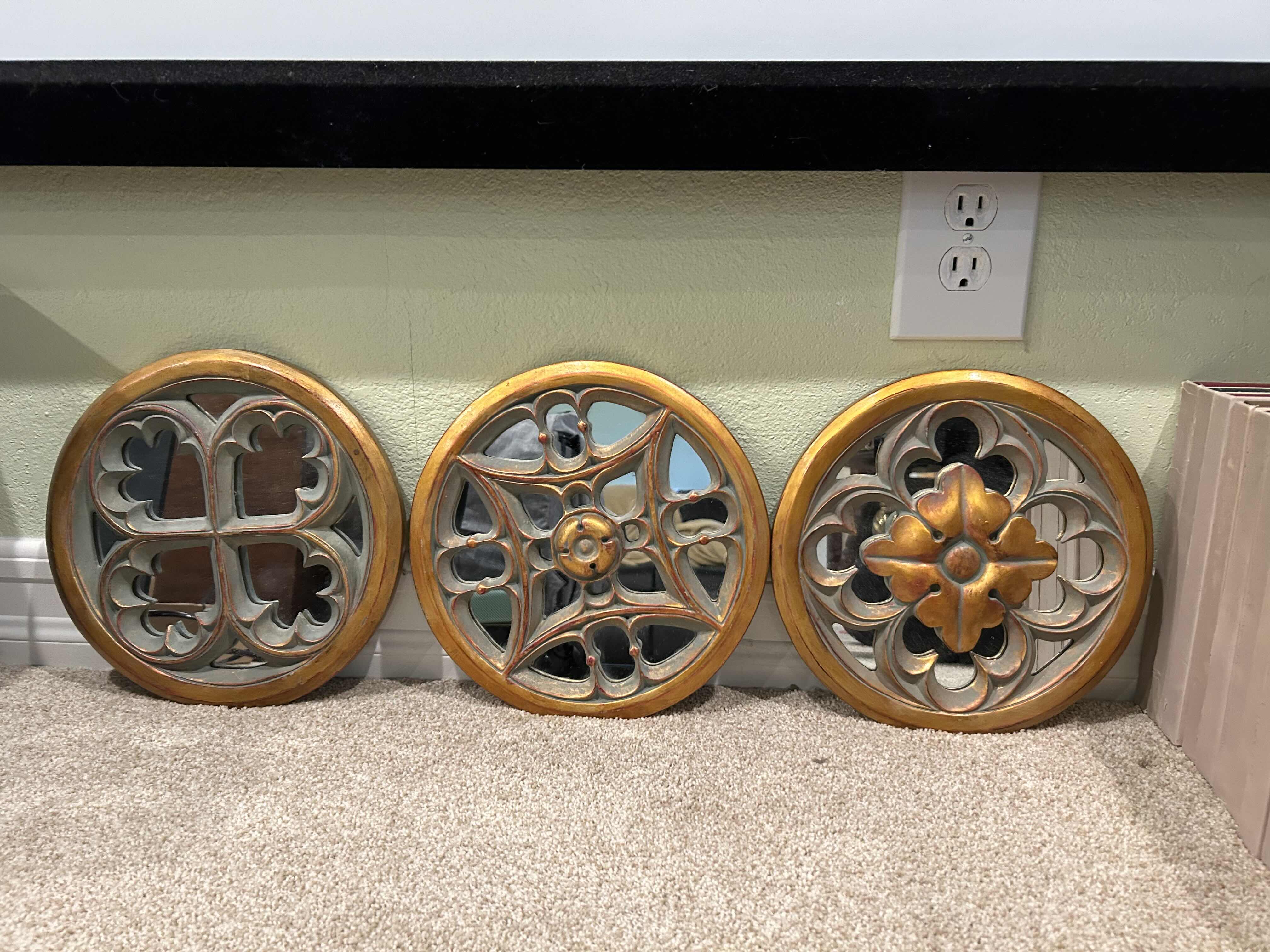 Photo 1 of 3- 10” CIRCULAR DISTRESSED GOLD MIRRORED WALL PLAQUES