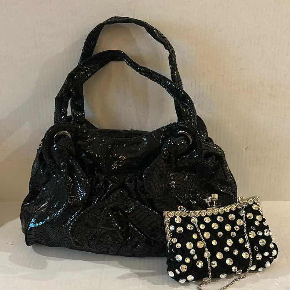 Photo 1 of PERLINA BLACK SNAKESKIN EMBOSSED SLOUCH LEATHER HOBO HANDBAG, BLACK JEWELED CLUTCH