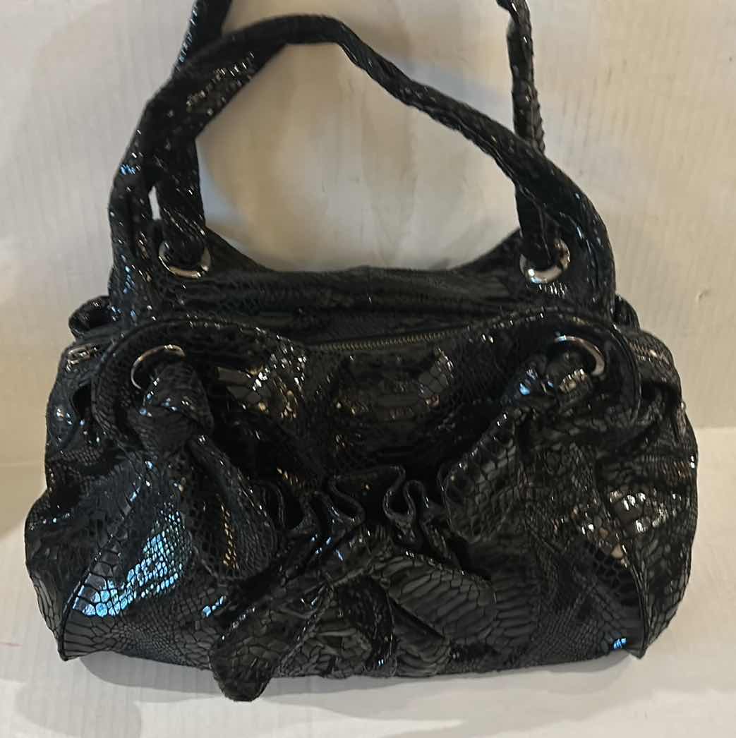 Photo 3 of PERLINA BLACK SNAKESKIN EMBOSSED SLOUCH LEATHER HOBO HANDBAG, BLACK JEWELED CLUTCH