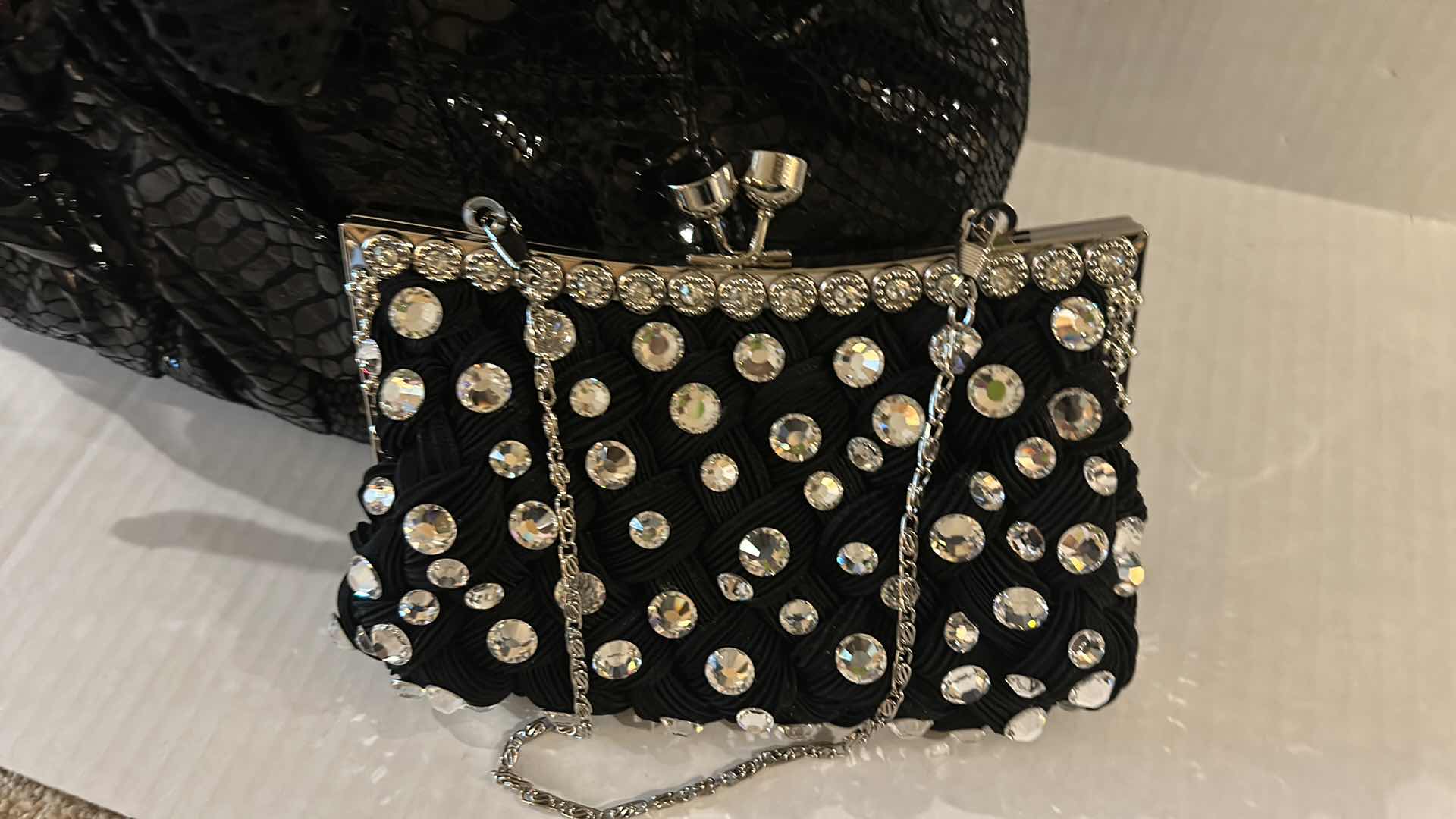 Photo 2 of PERLINA BLACK SNAKESKIN EMBOSSED SLOUCH LEATHER HOBO HANDBAG, BLACK JEWELED CLUTCH